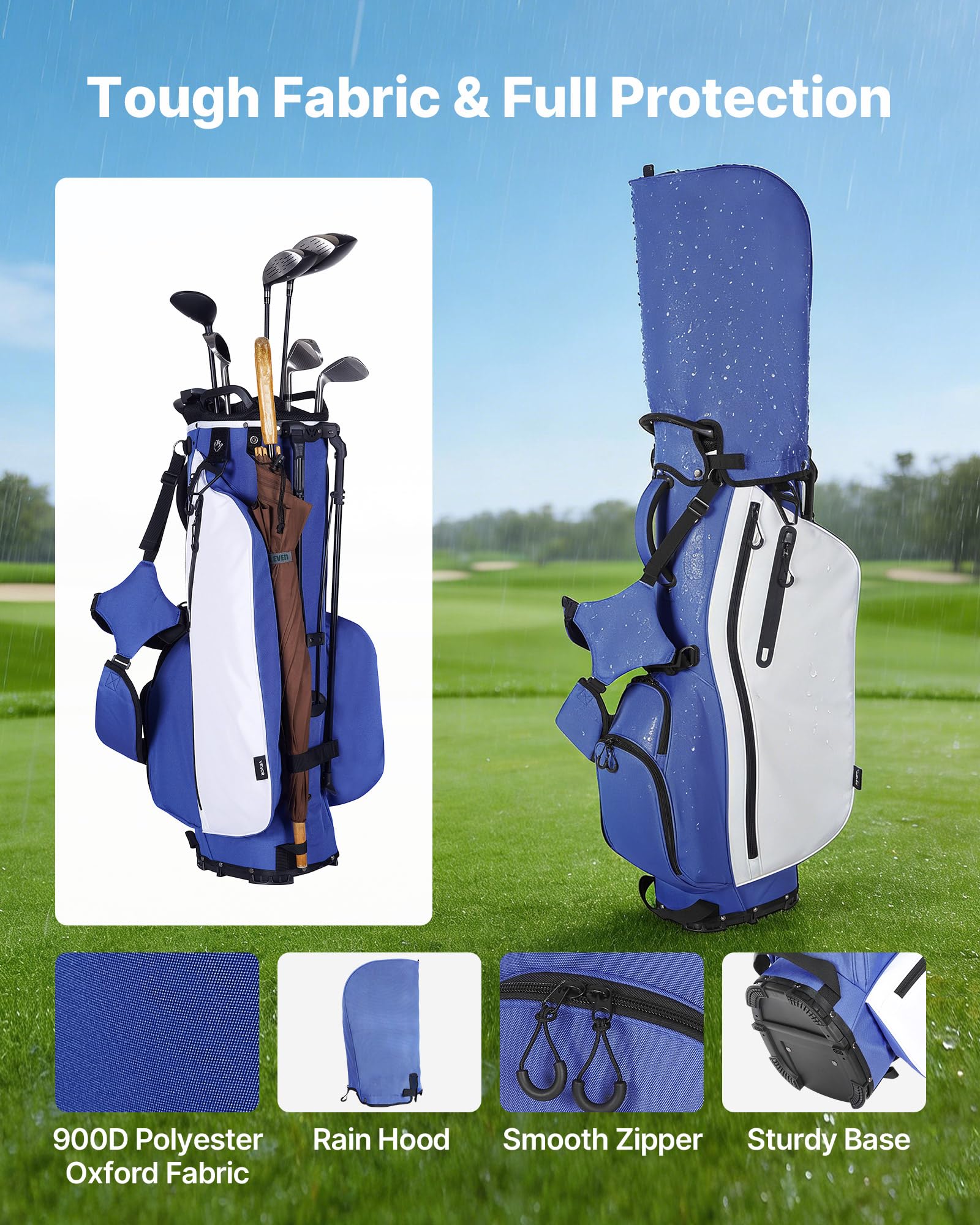 VEVOR Golfbag mit 7-Facher Einteilung, Golftasche mit Standfüßen Doppelschultergurt Durchgehenden Trennfächern Regenhaube Stautaschen, Caddybag aus Polyester für Herren Damen Golf Cartbag
