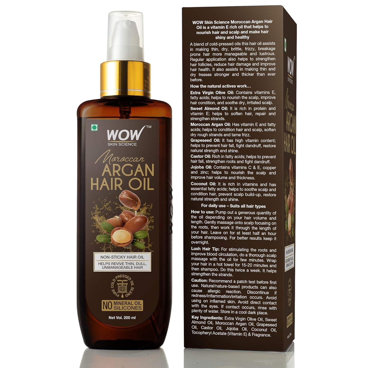 WOW Cold Pressed Moroccan Argan Hair Oil - No Mineral Oil & Silicones - 200ml