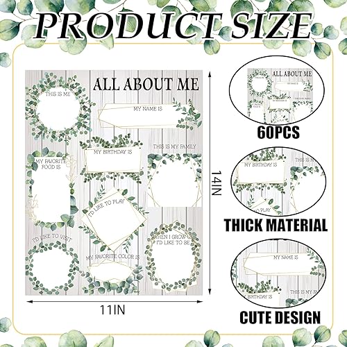 Miniatura 2 de Sherr 60 pósteres de All About Me para niños, hojas verdes, arcoíris, póster escolar de eucalipto, póster para estudiantes, aula, jardín de