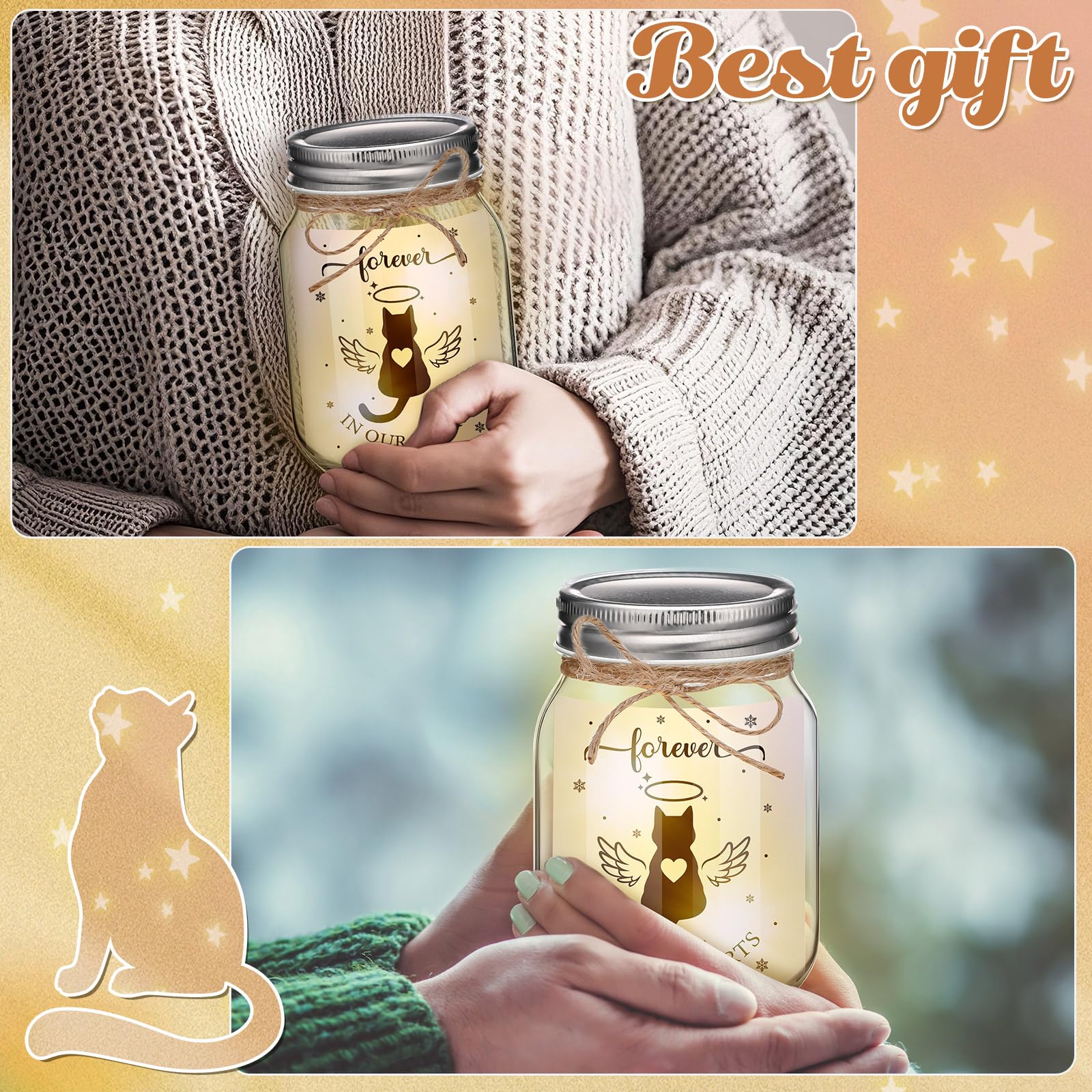 Glooglitter Cat Memorial Gifts for Loss of Cat Mason Jar Night Light Decor Pet Lover Sympathy Remembrance Gifts for Women Loss Loved Pet Bereavement Memorial Ornament