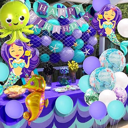Amazon マーメイドパーティーデコレーションとサプライキット マーメイドバルーン 海下バルーン フィッシュネット 女の子用 海下誕生日 ベビーシャワー装飾 風船 バルーン おもちゃ