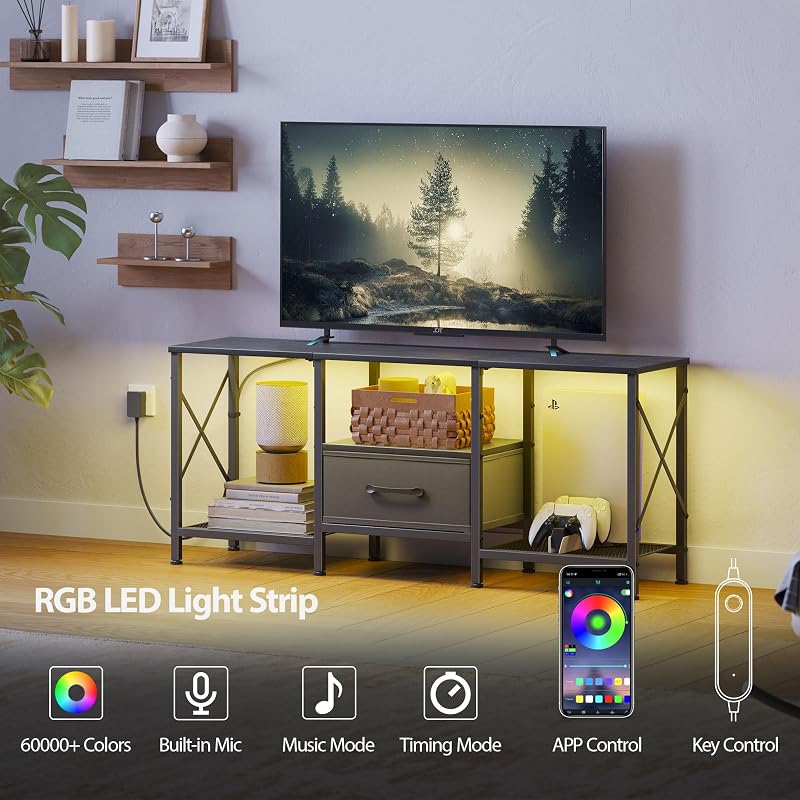 JARHETUN LED TV Stand with Fabric Drawer, Entertainment Center for 50 55 Inch TV, Industrial TV Console Table with Open Storage Shelves for Living Room, Bedroom, Black image 4