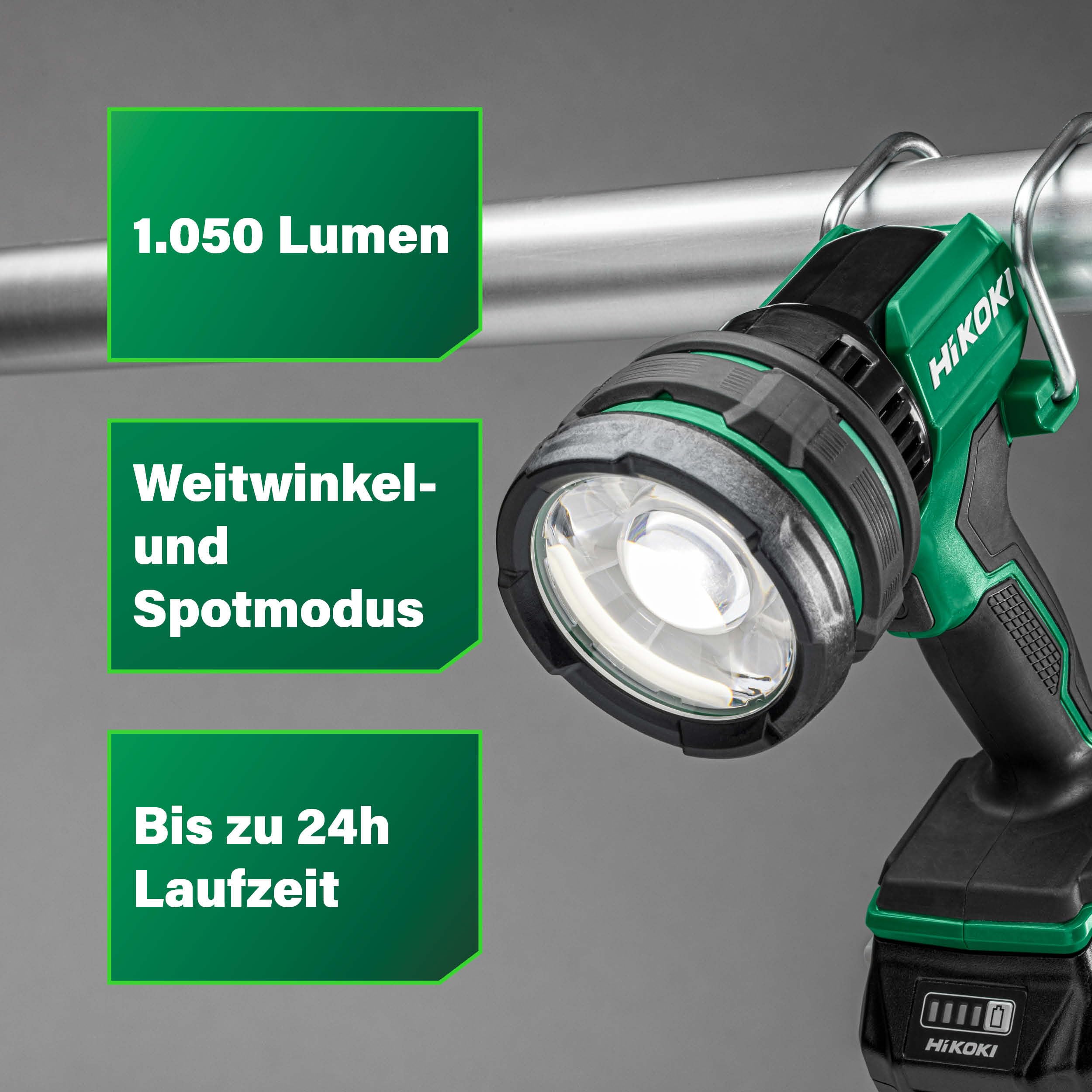 HiKOKI Akku LED Strahler UB18DH, 18V Baustrahler mit 1050 lm & Spot-Modus | Arbeitsleuchte mit 670m Reichweite, bis zu 24h Leuchtdauer, 2 Modi, ohne Akku, Ladegerät und Koffer