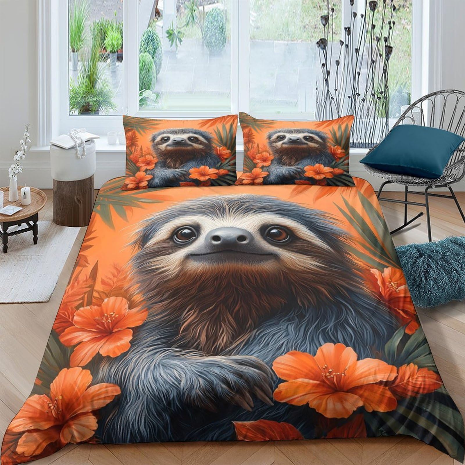 GPLZQXKJNH 3D Printed Sloth Orange Flower Duvet Cover Microfiber Soft Breathable Bedding Set with 2 Pillowcases for Bedroom Home Decor Single（135x200cm）