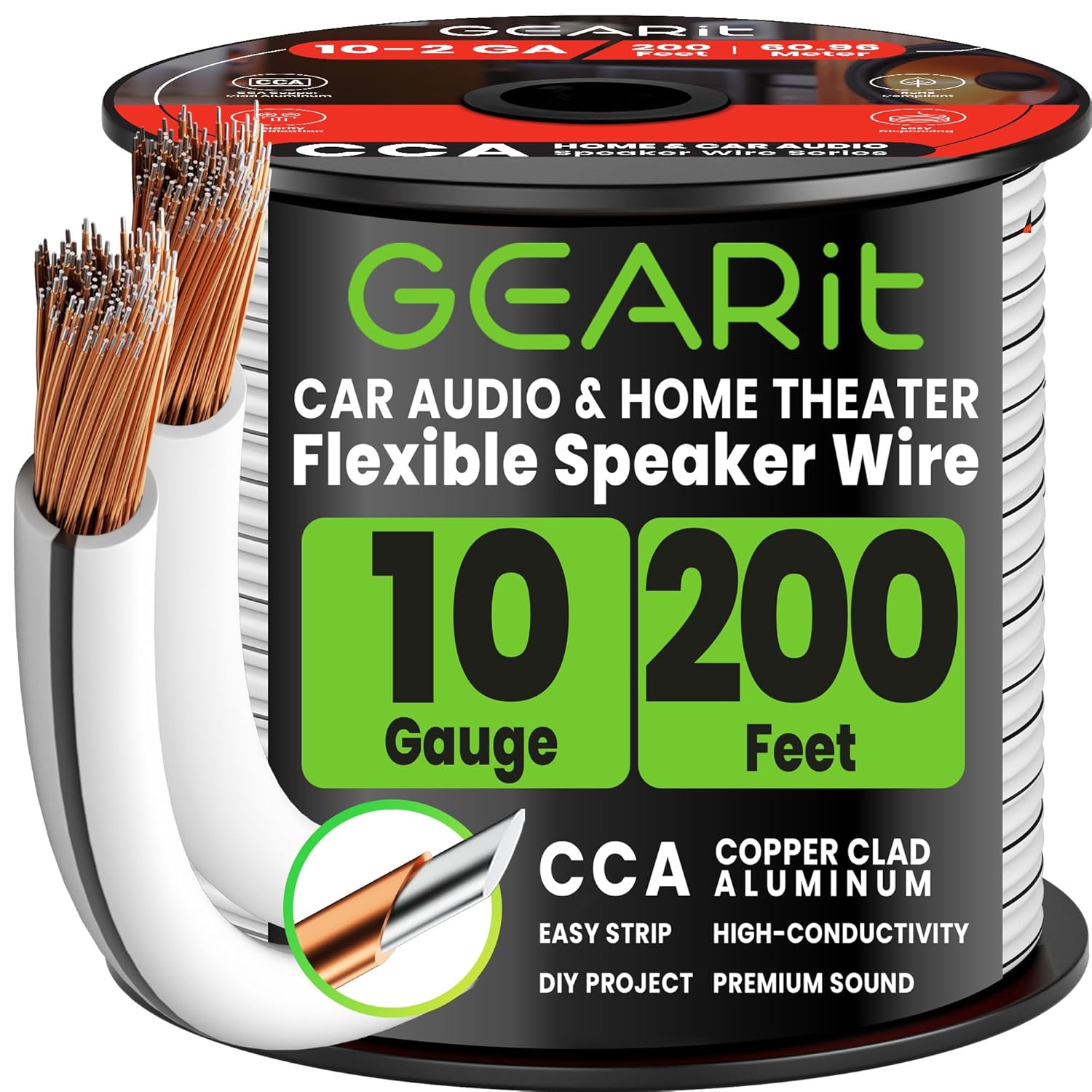 GEARit 10 Gauge Speaker Wire, Speaker Cable 200ft for Car Audio, Home Theater, CCA(White)