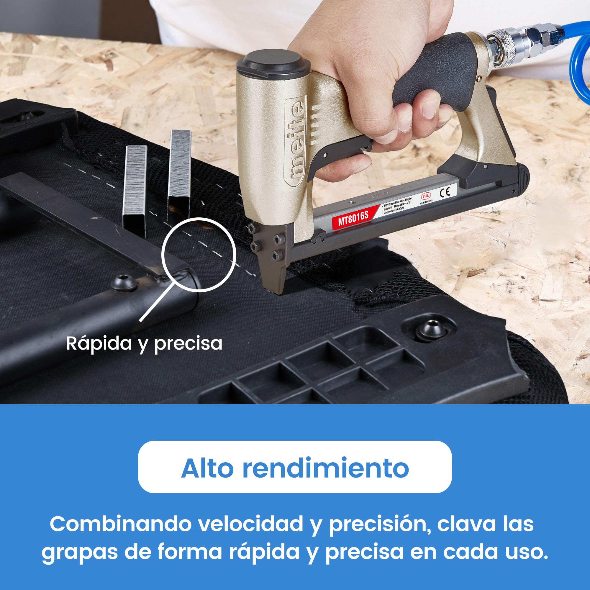 meite Grapadora neumática para tapicería MT8016S con gatillo de seguridad, para grapas calibre 21 de corona de 12 mm, ideal para carpintería, bricolaje y uso profesional, Grapadoras y clavadoras