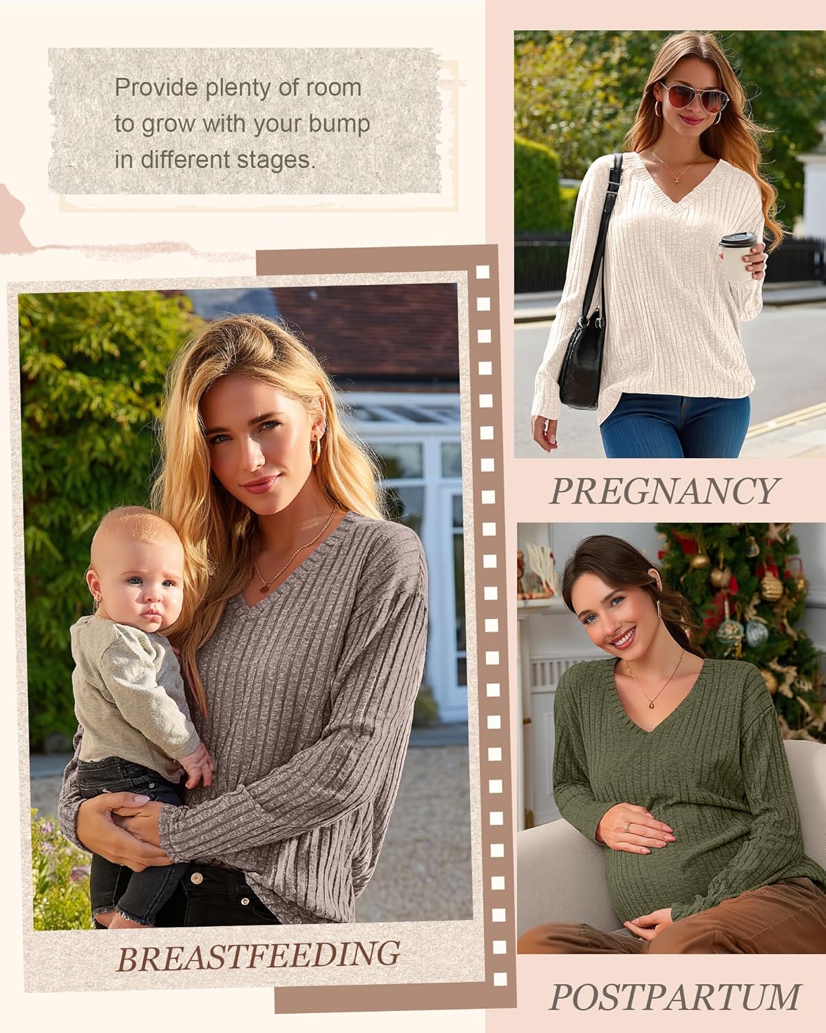 3 Pack Oversized Women's Maternity Nursing Tops Vneck Breastfeeding Sweaters Long Sleeve Hidden Zipper Shirt - Image 4