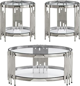 Glass Coffee Table Set of 3, Includes 1 Round Coffee Table and 2 End Tables, Elegant Living Room Table Set with Tempered Glass Top and Stainless Steel Legs for Living Room, Clear & Silver
