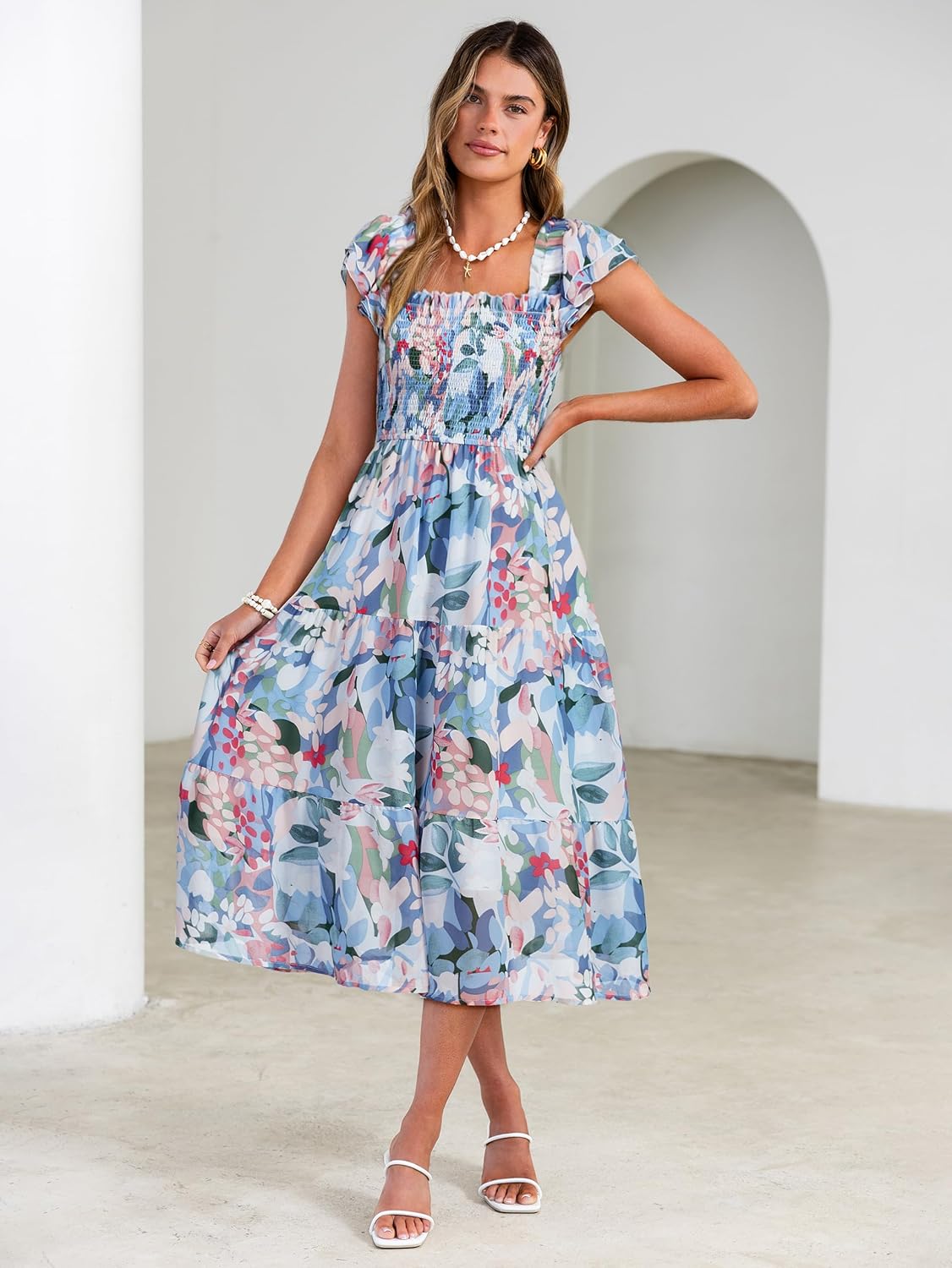 Simplee Women Floral Summer Sun Dress Flutter Sleeve Smocked Chiffon Midi Dress Casual Boho Flowy Dress with Pockets - Image 3