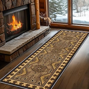 Brown Geometric Runner Rug, 2x7ft Hallway Runner Washable Rug, Corridor & Foyer High-Traffic Rugs, Indoor Durable Non-Slip Mat, Vintage Southwestern Decorative Home Carpet