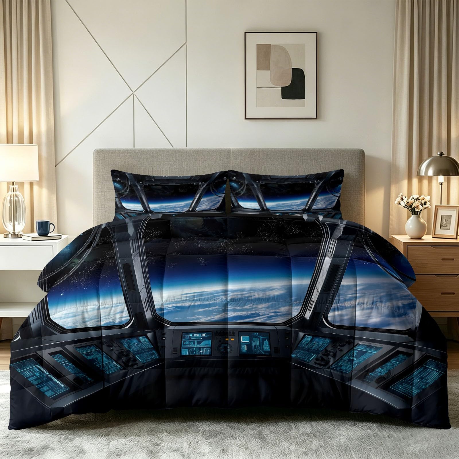 Edredón lavable todo el año con diseño de nave espacial reversible y dos fundas