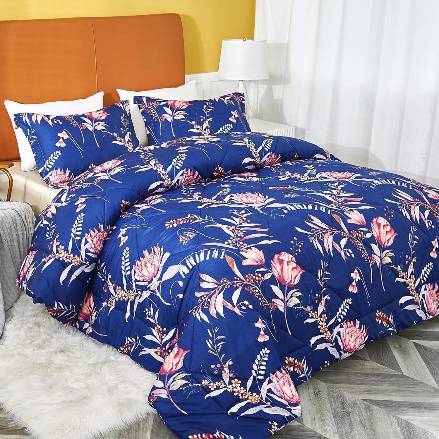 JSD Soft Navy Blue Floral Comforter Set King Size, 3 Piece All Season Printed Bedding Set (102 x 90 inches, 2 Pillow Shams)
