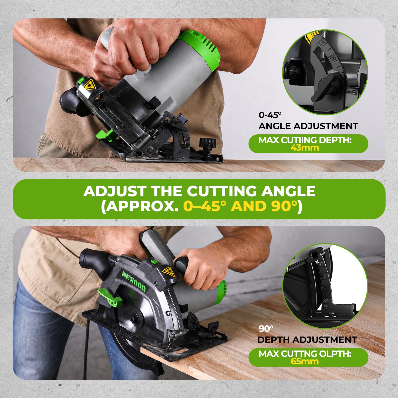 DESOON Sega Circolare da 1600 W con Guida Laser, Include Guida Parallela e 2 Lame da Seghetto (185 mm, 24T e 40T), 5500 Giri/min, Profondità di Taglio 65 mm (90°) e 43 mm (45°), per Taglio Legno