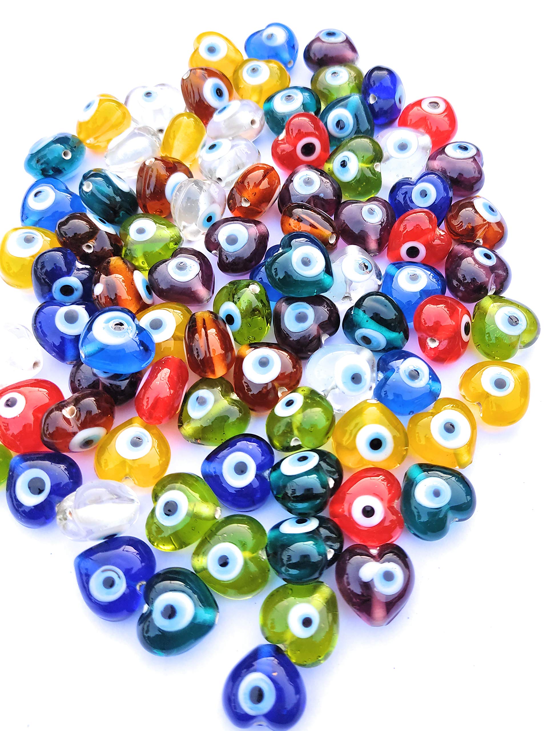 50 Pcs 10 × 10 mm Heart Shape Spacer Glass Beads Oval Evil Eye Beads Stripe Spacer Beads for Jewelry Making DIY Bracelet Necklace Gifts for Women (Multicolored)