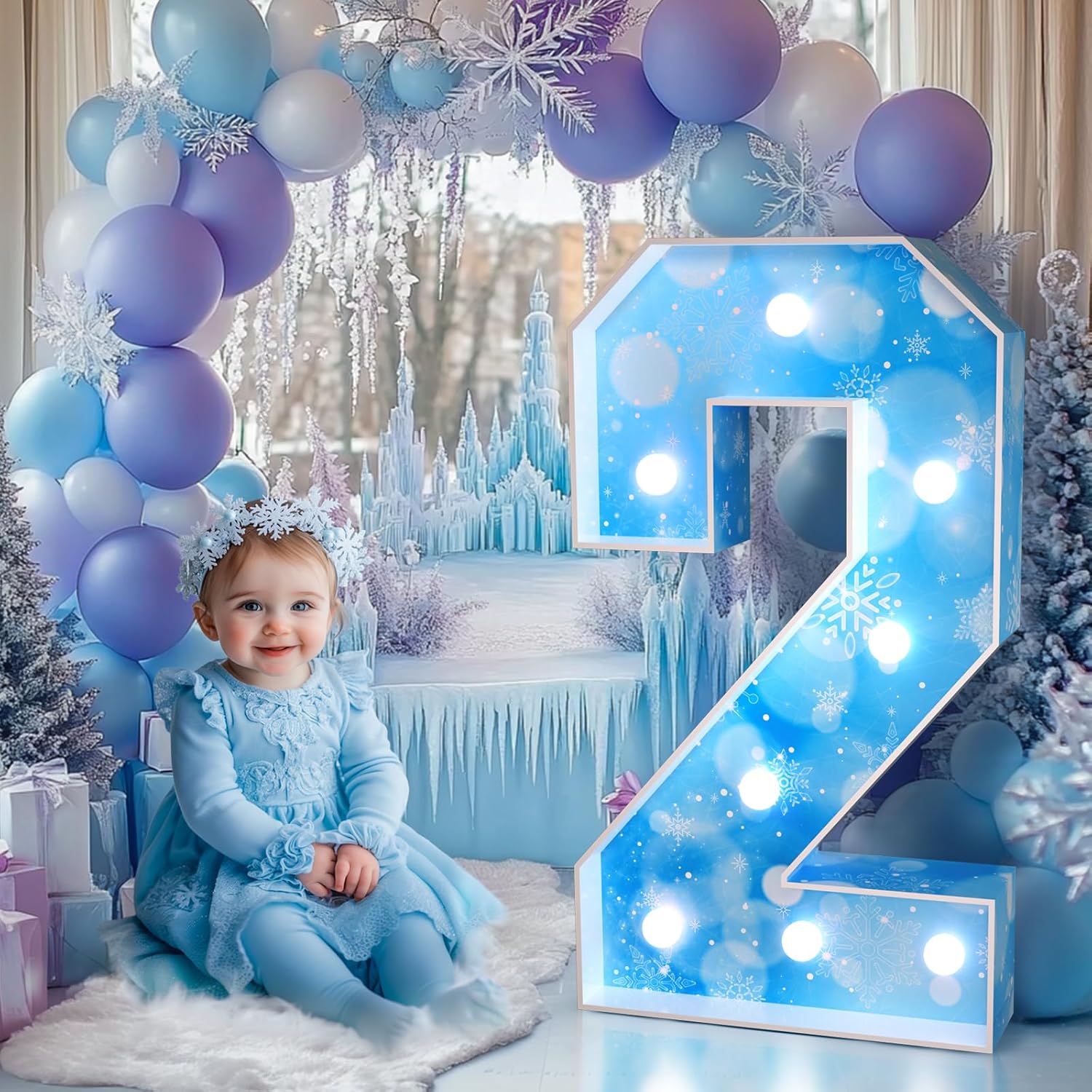 winter onederland 2nd birthday decorations: girl marquee numbers 3 feet tall large frozen wonderland balloon blue snowflake christmas party decor backdrop 3ft light up number 2