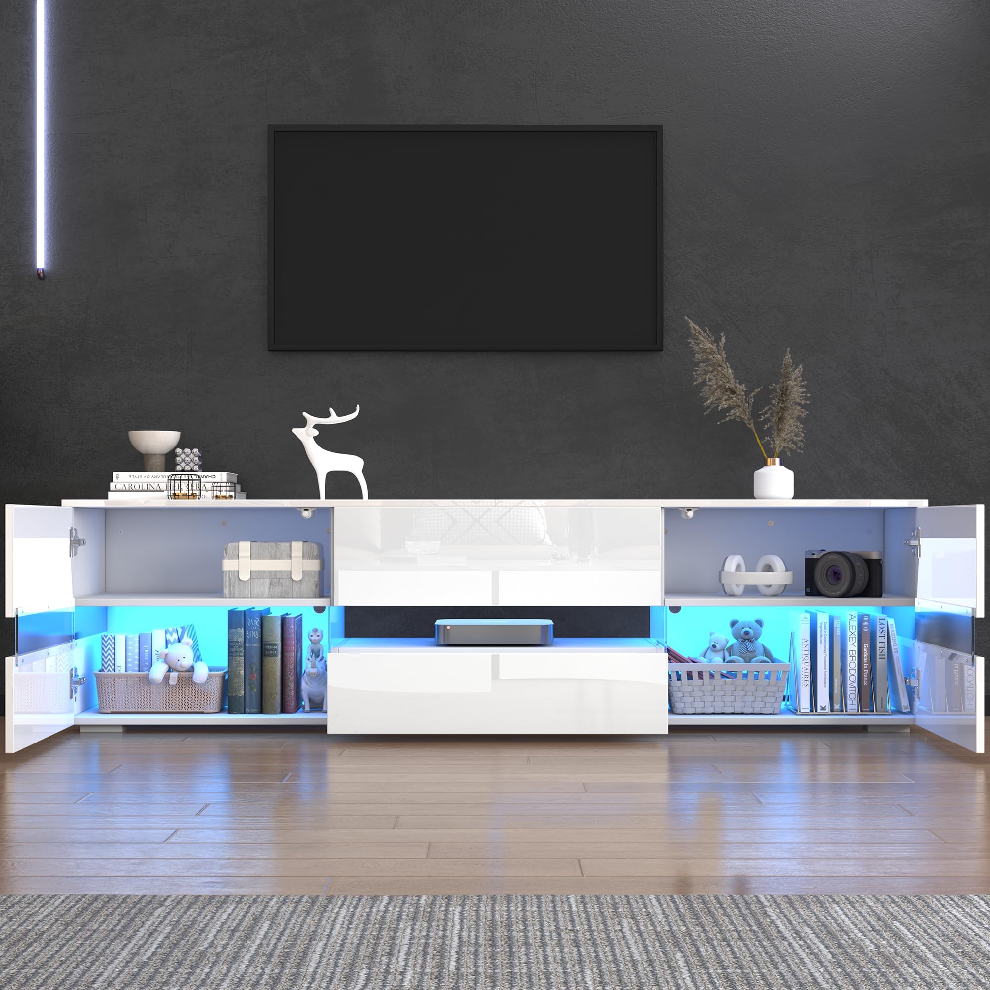 Mueble moderno para TV de alto brillo, 160 x 39 x 45 cm, con iluminación LED, 2 puertas, 1 cajón, compartimento abierto, apto para televisores de 70 pulgadas, con inserto de cristal acrílico y
