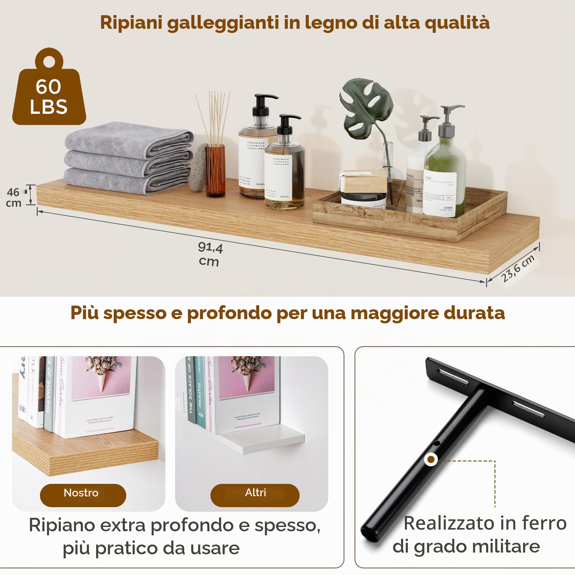 Set di 2 mensole galleggianti da parete, lunghe 90 cm, mensole da parete in legno rustico, grandi mensole da parete con staffe invisibili, per libri, soggiorno, camera da letto, ufficio, 91 cm di