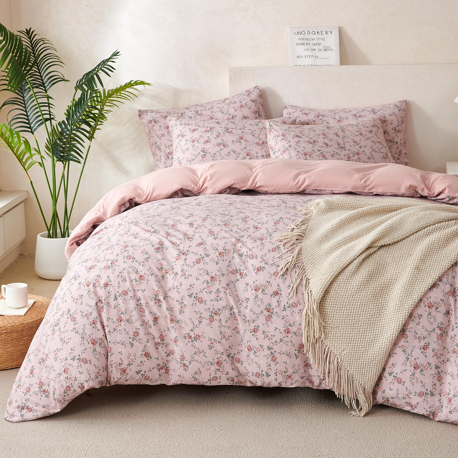 BUPIRD Duvet Cover Set King Floral Luxury Soft Brushed Microfiber Crinkle Gauze Fabric 3 Pieces Bedding Set Flower Pattern Duvet Cover King with Zipper Closure Breathable Comfy