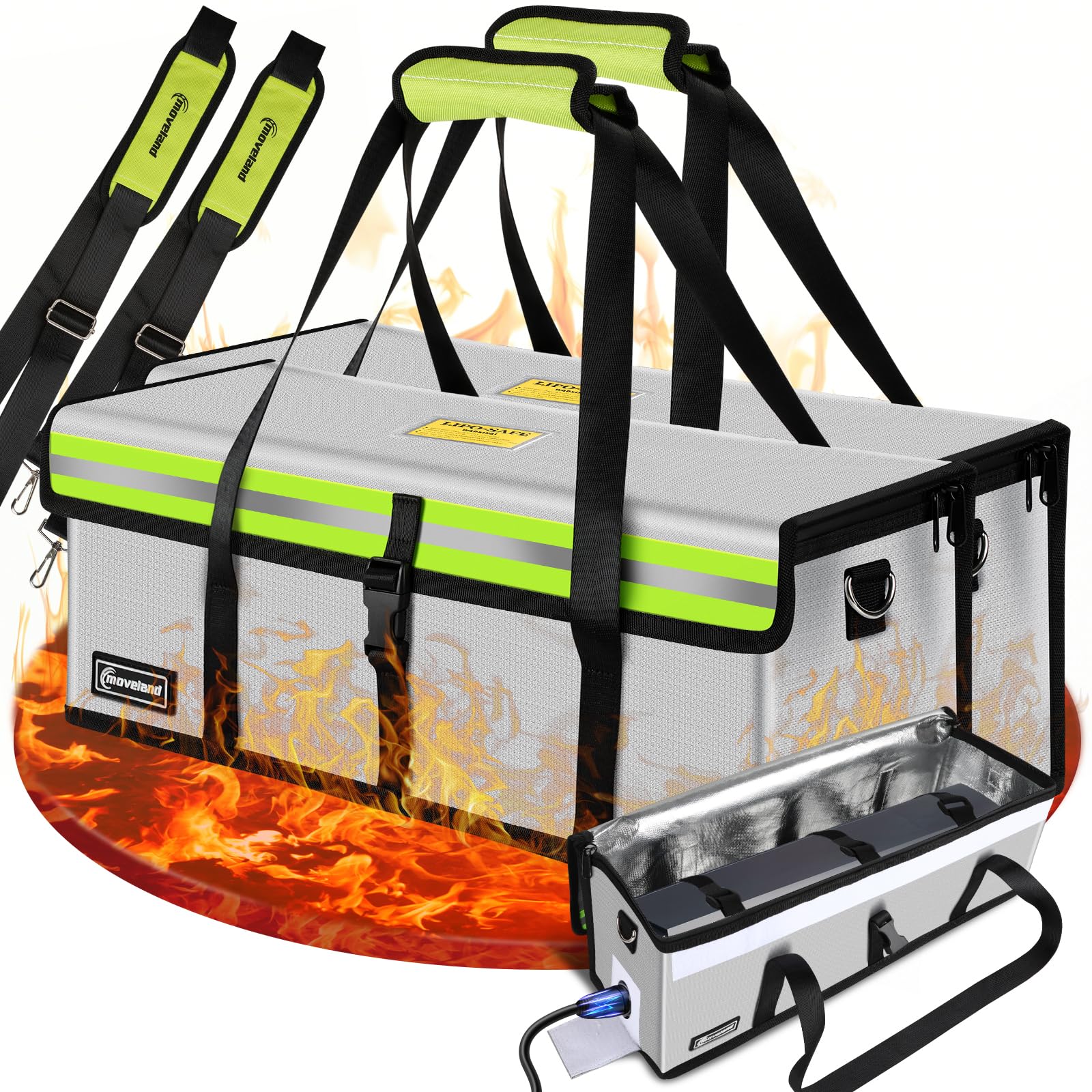 moveland 2 sacchetti per batteria Ebike, ignifughi, fino a 1400 °C, con batteria a prova di esplosione, 49 x 15 x 16 cm, tripla protezione per e-bike, protezione antincendio con porta di ricarica