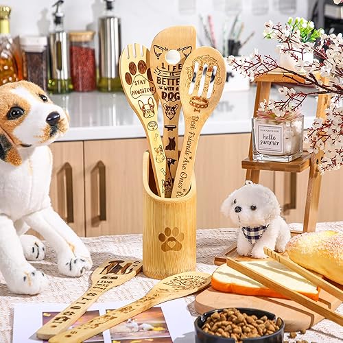Miniatura 7 de 7 cucharas de cocina de bambú con soporte, regalos grabados para perros para mujeres, utensilios de cocina de bambú, juego de cucharas de cocina,