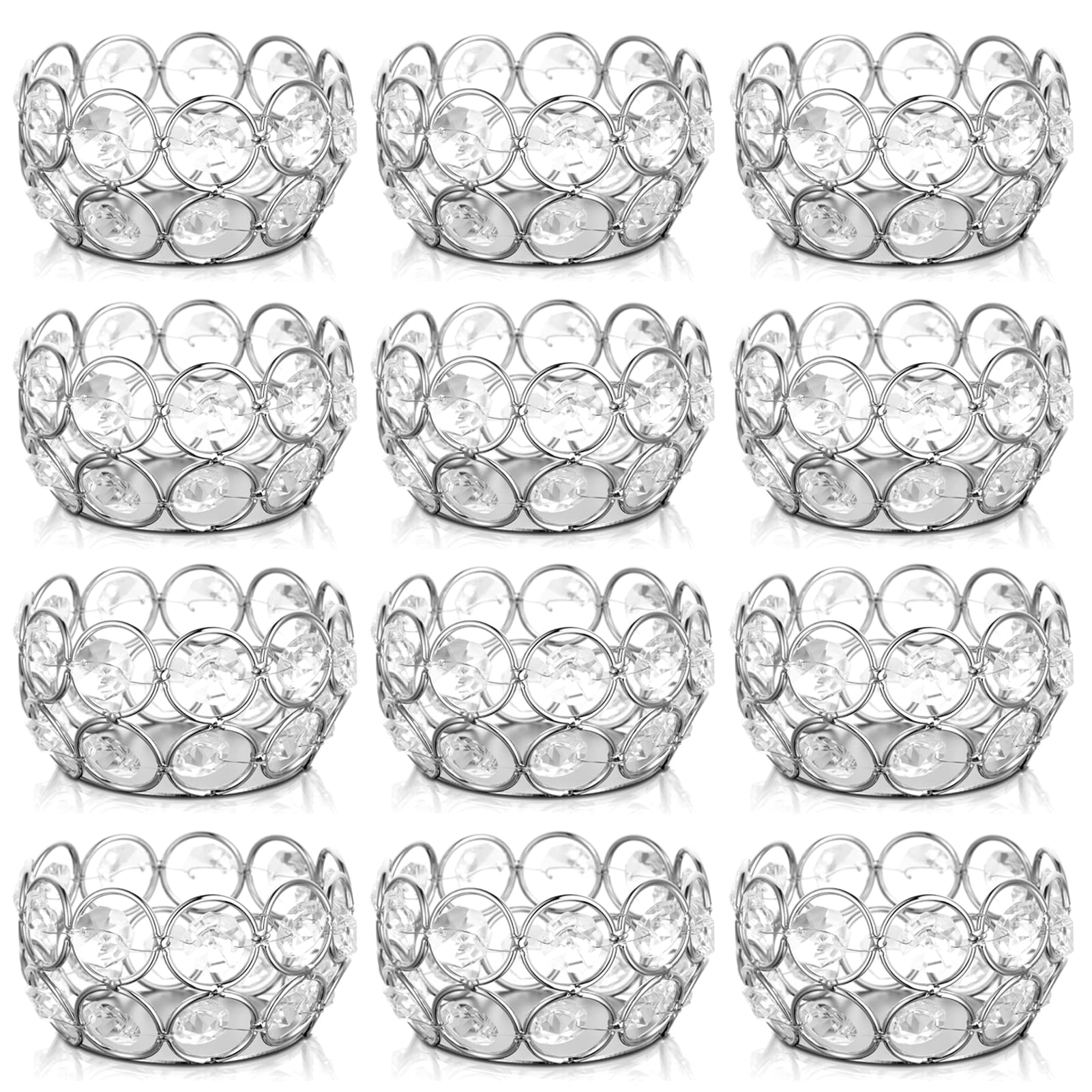 Sziqiqi Juego de 12 Candelabros de Cristal, Portavelas de Velas Pequeñas Centro de Mesa para Navidad Ceremonia Regalo de Boda Fiesta Decoración, 8cm, Borde de Metal Plata