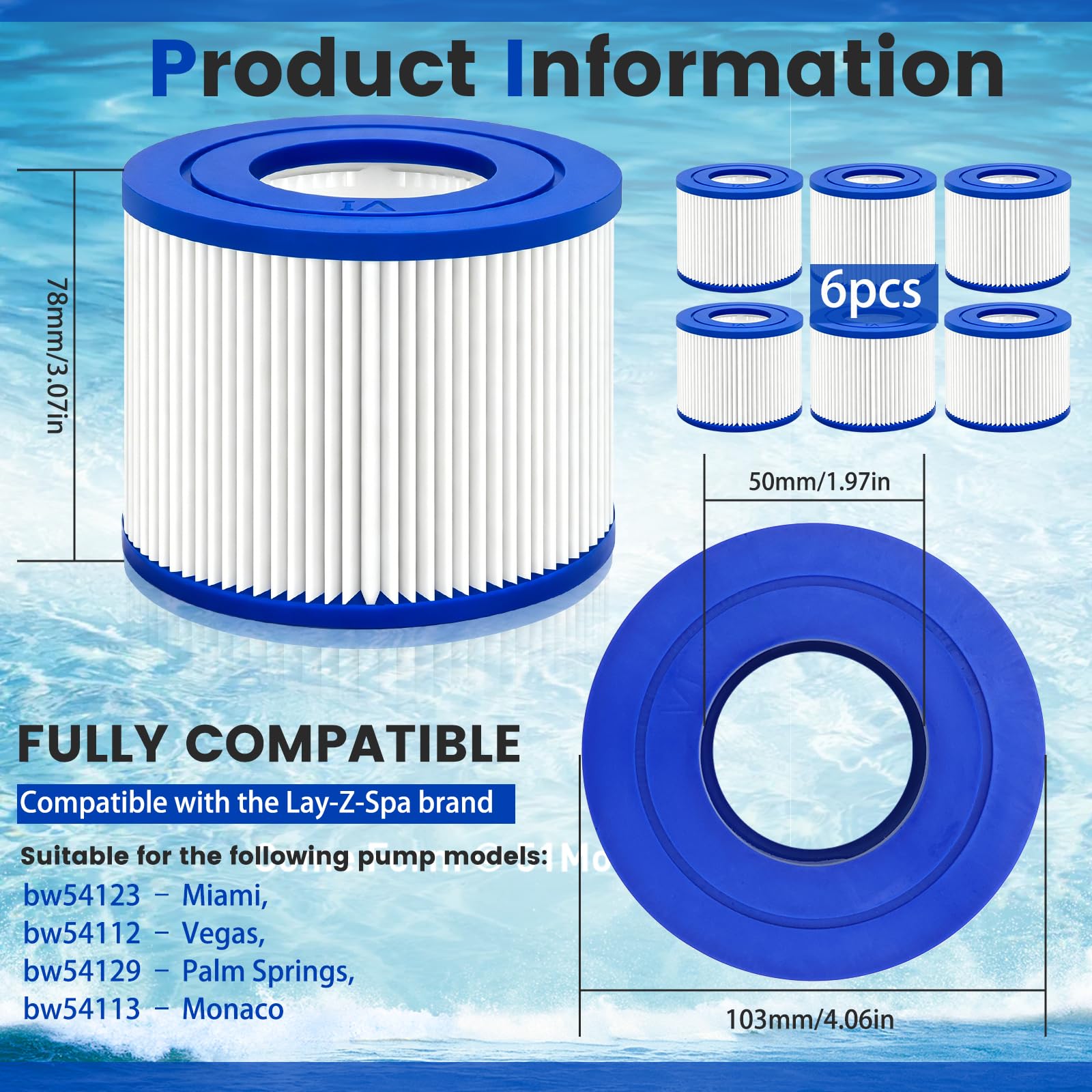 Erzekrim 6 Stück Filter VI für Pool Filterkartuschen VI für Bestway Miami Filter Cartridge VI Kompatibel mit Lay-Z-Spa, Monaco, Vegas, Palm Springs, Ersetzt die Originalkartusche BW58323/90352E