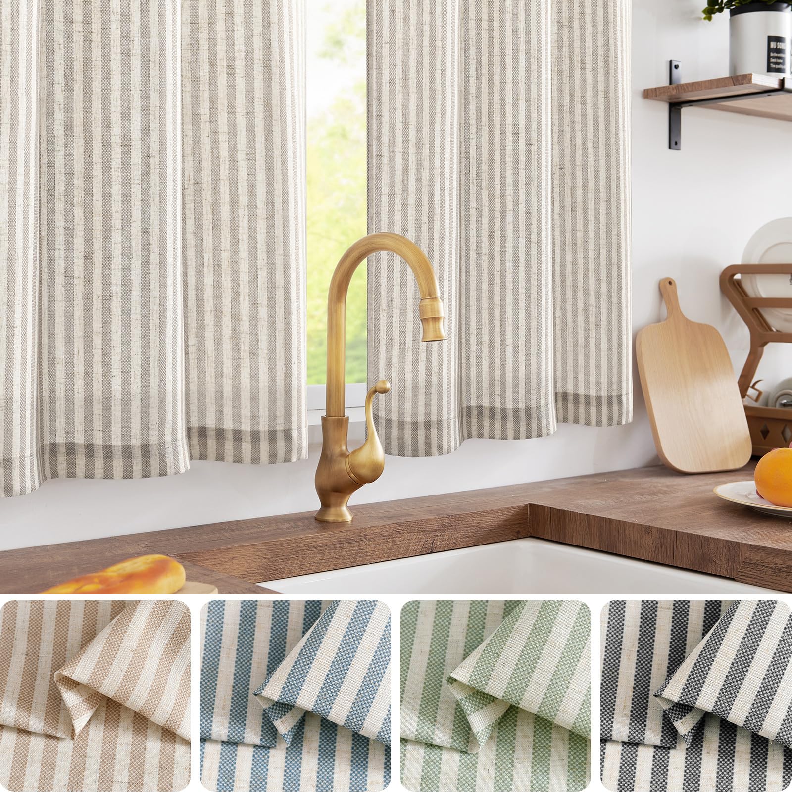 TOPICK Grey Striped Linen Look Kitchen Curtains 30 Inch Drop, Rod Pocket Cafe Curtains - Image 2