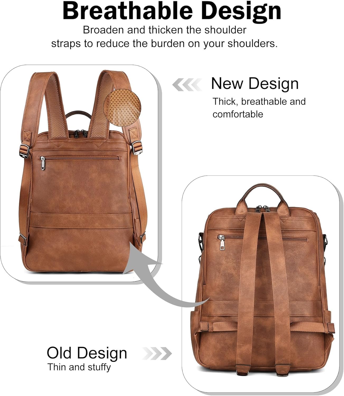 FADEON Laptop Backpack for Women Leather Travel Backpack with Laptop Compartment, Designer PU Shoulder Laptop Bag Grey