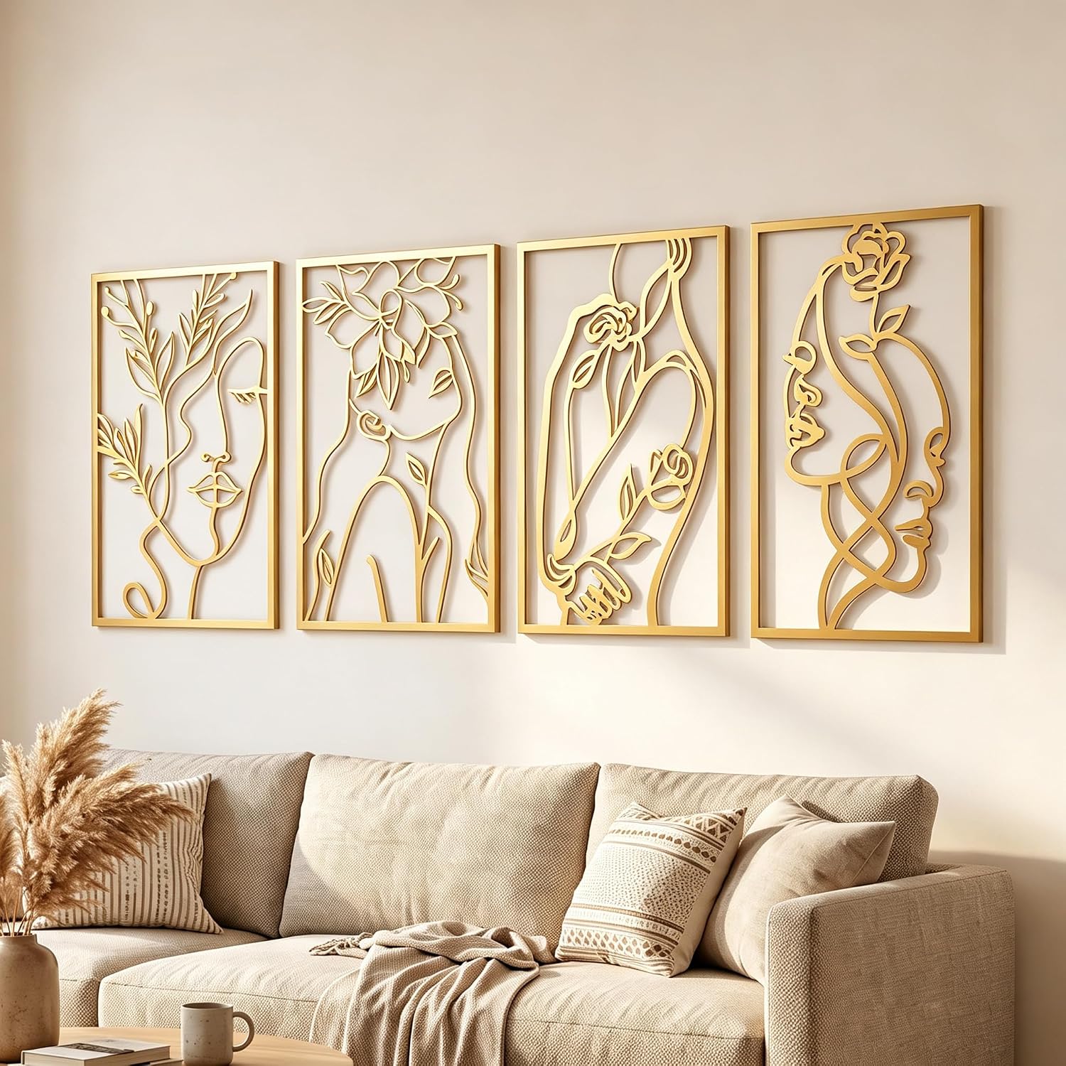 AMAATE 4Pcs Gold Floral Face Line Hollow Metal Wall Sculpture Decor Set