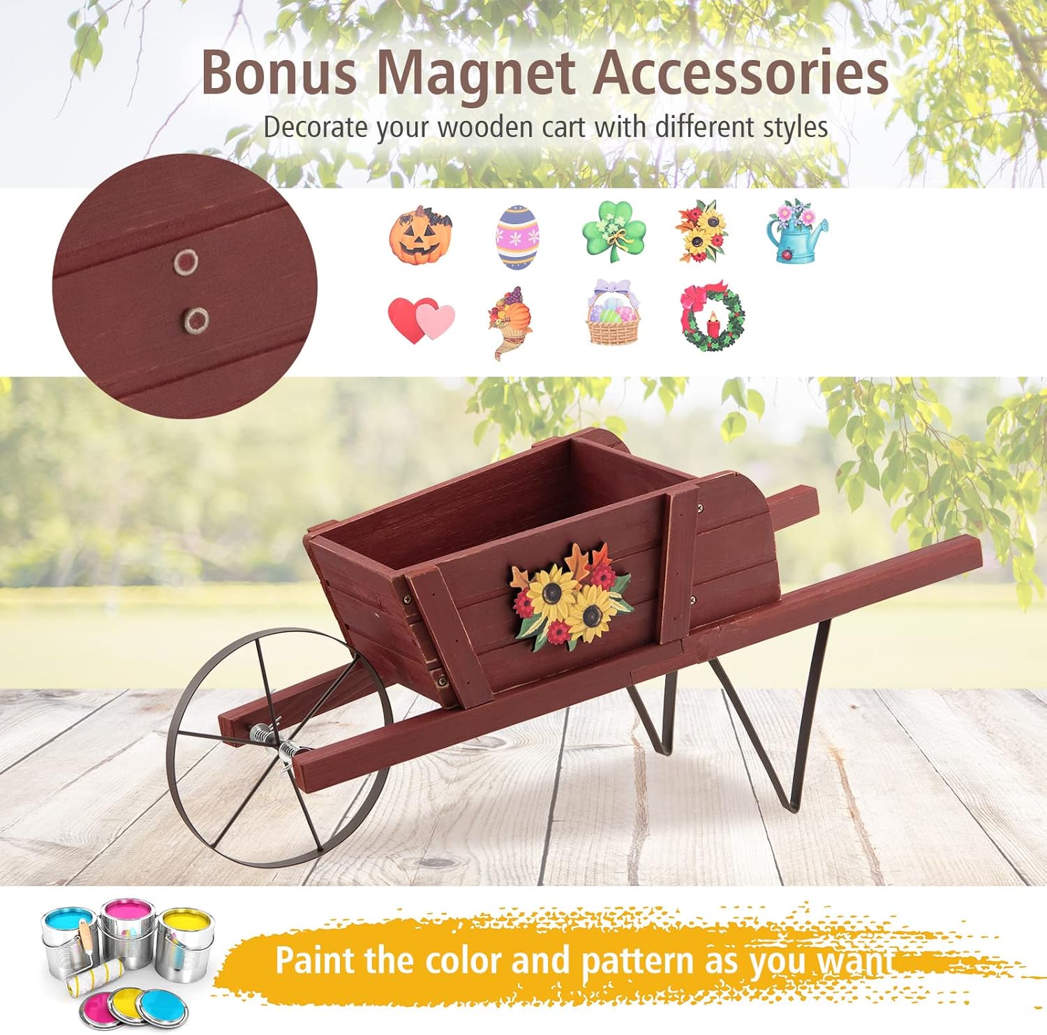 Wooden Wagon Planter, 27.5"x10.5"x11.5" Wheelbarrow Cart Plant Pot with Halloween Decoration & Metal Supports, Single Wheel Movable Garden Flower Cart Planter for Yard, Backyard (Red)