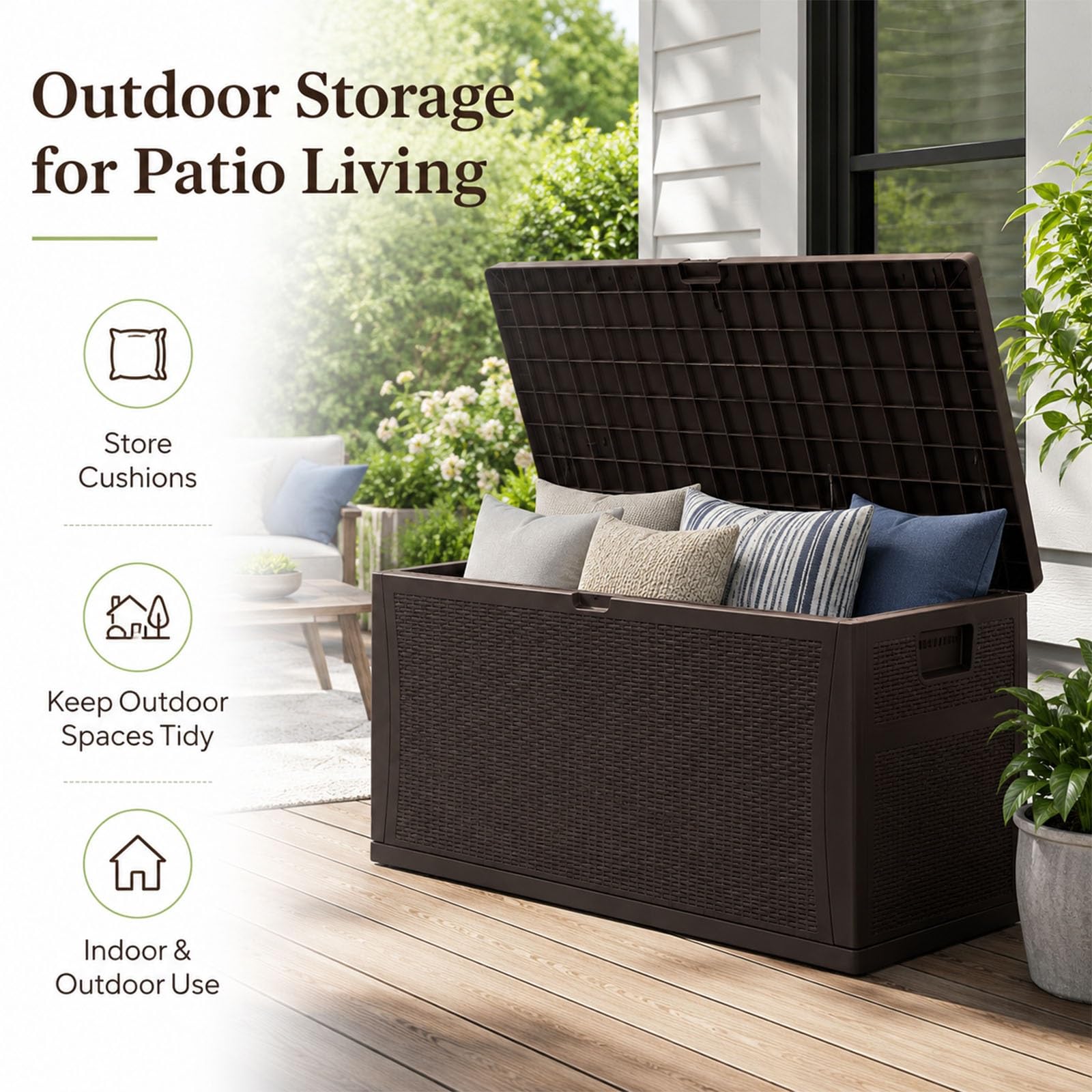 Generico Grande Box Contenitore Da Esterno Effetto Rattan Con Maniglie | Baule da esterno in resina da 100 galloni, impermeabile e richiudibile, per cuscini e attrezzi da giardino