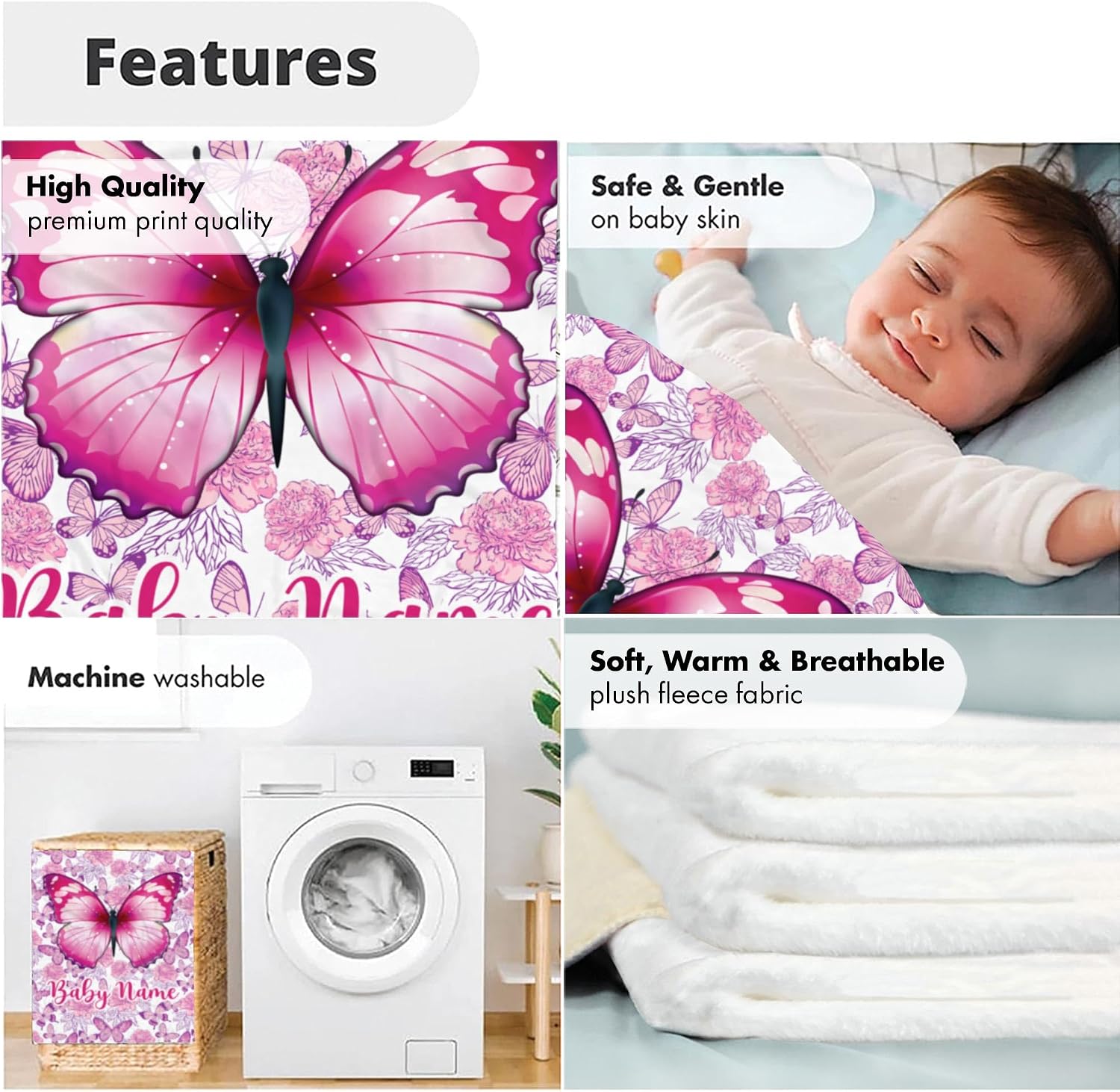 Personalized Butterfly Baby Blanket, Custom Name Floral Nursery Bedding, Soft Fleece Newborn Girl Blanket, Pink Lavender Flower Shower Gift