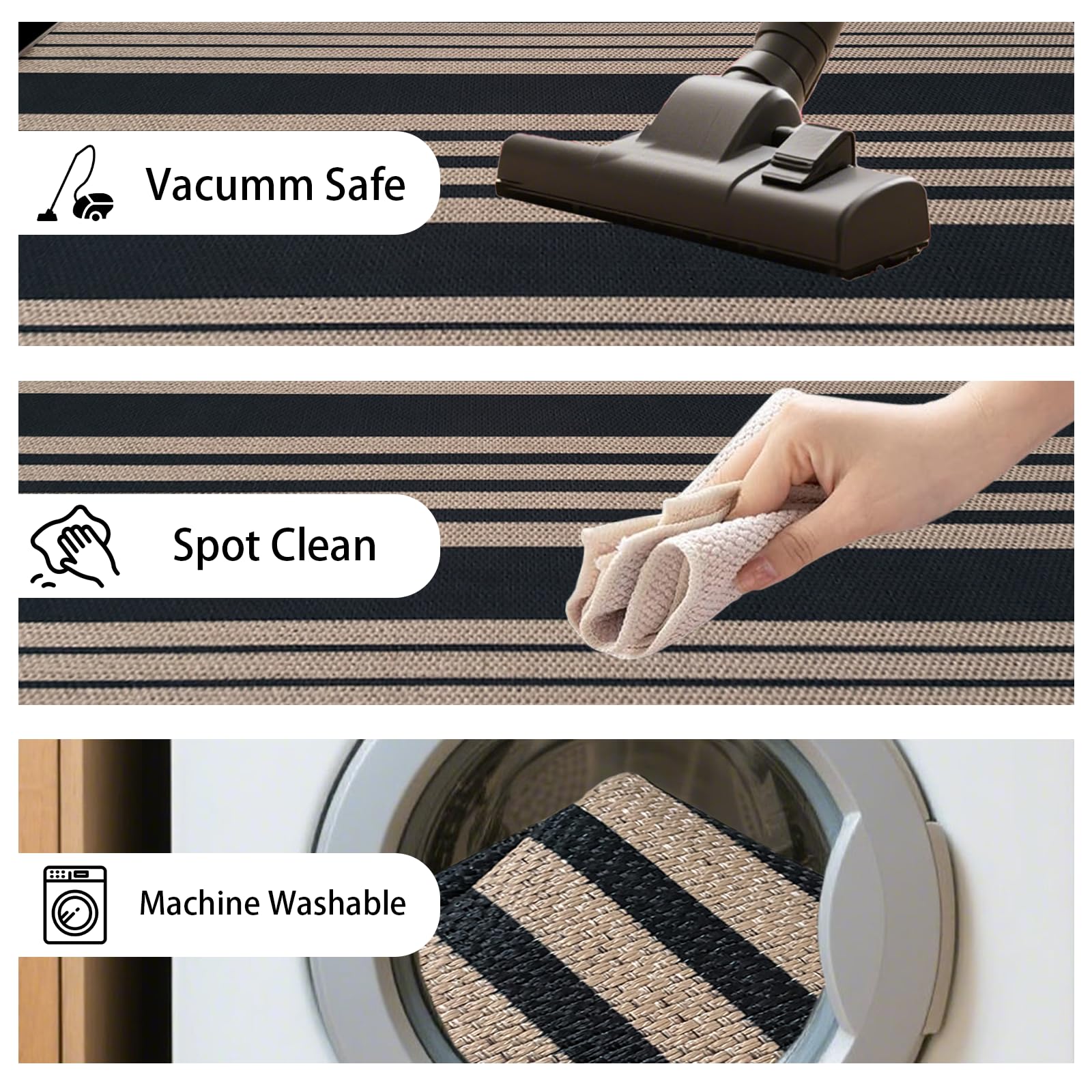 USTIDE Tappeto in iuta a righe, 150 x 200 cm, antiscivolo, lavabile, grande, neutro, per soggiorno, casa colonica, interni ed esterni, nero, per camera da letto, sala da pranzo, patio, cortile