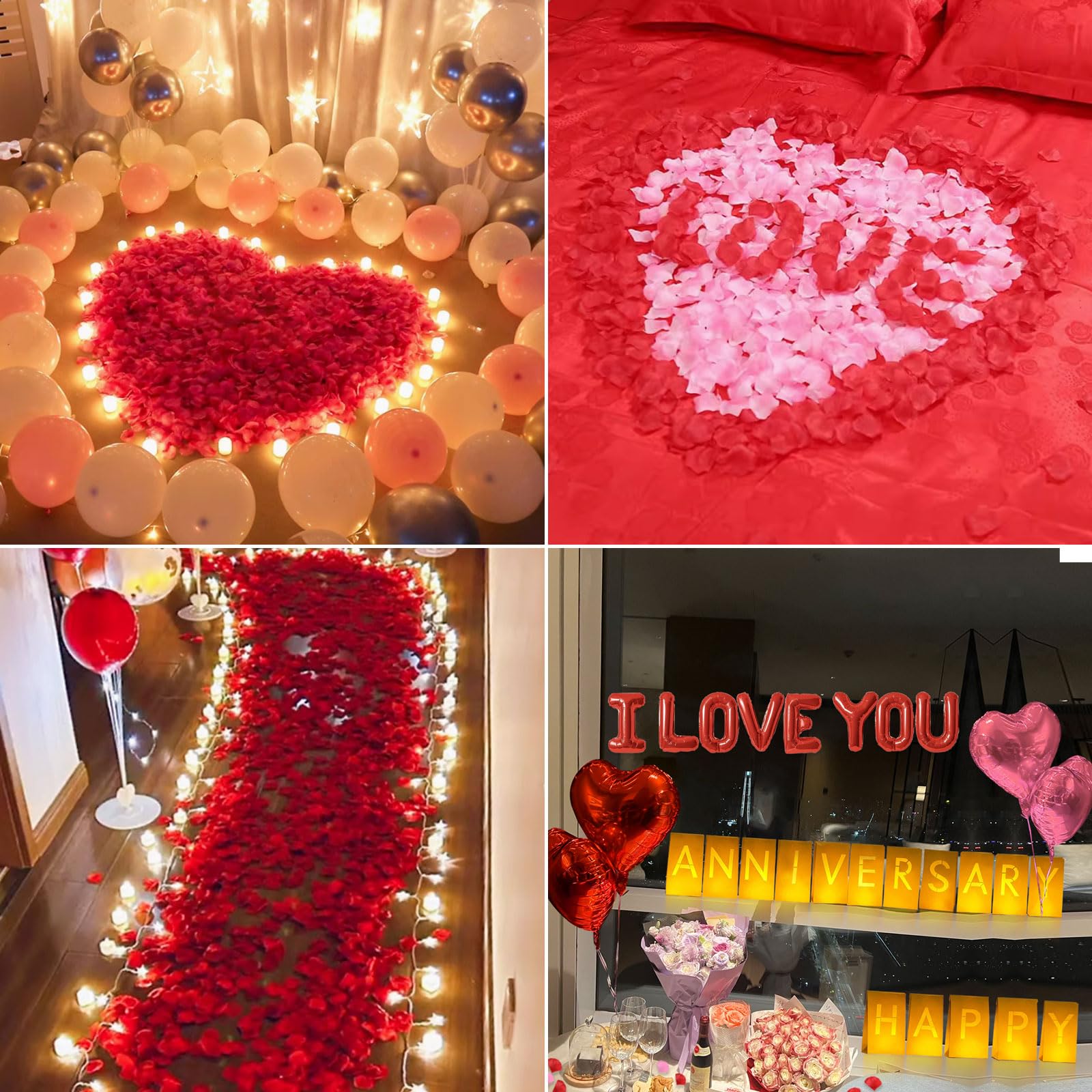 Happy Anniversary podświetlane litery znak 16 szt. oprawy papierowe torby 2000 szt. czerwone różowe płatki róży 48 szt. bezpłomieniowa świeca LED tealight 10 szt. balonów w kształcie serca romantyczna
