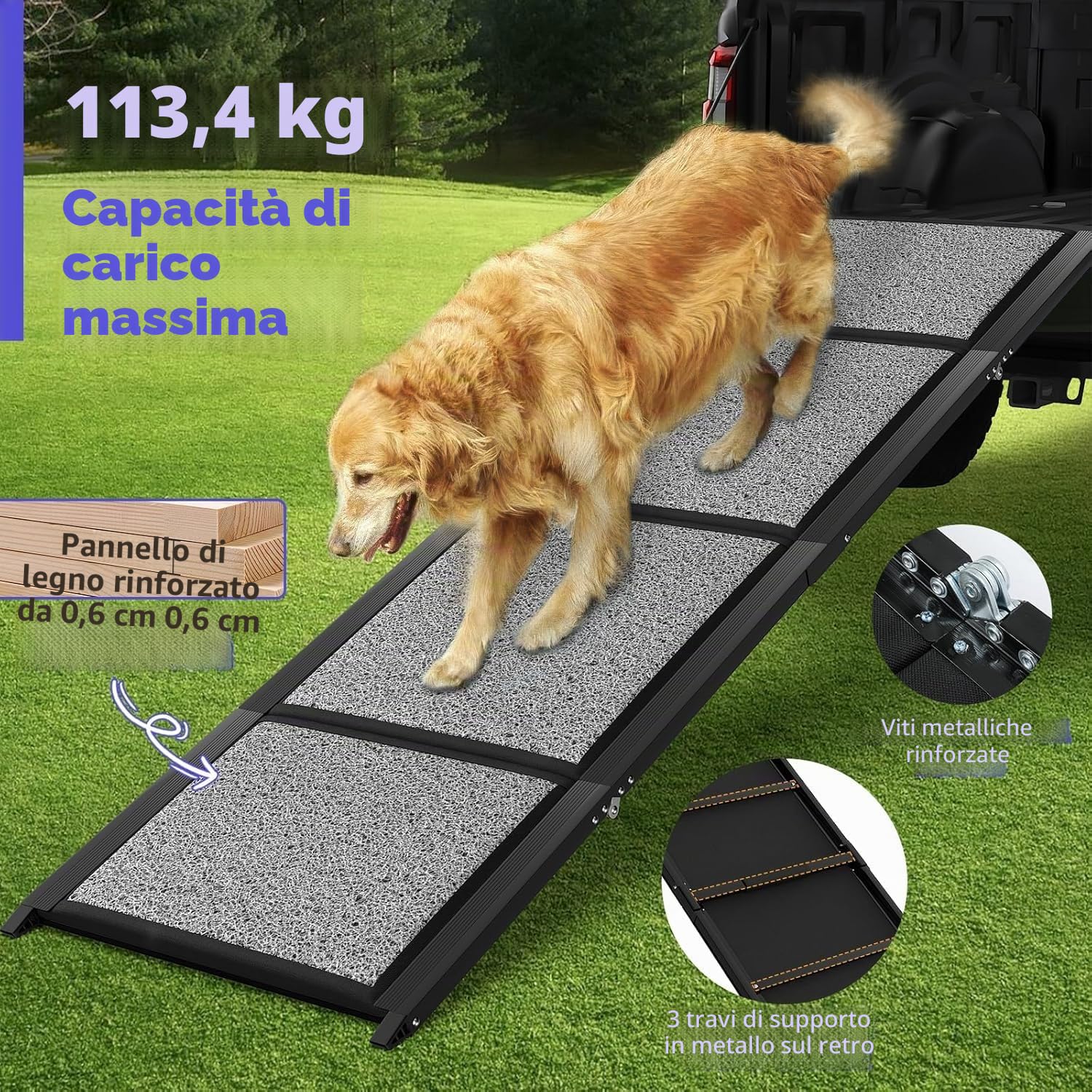 Pawaboo Rampa per auto per cani, 170 × 50 cm, rampa pieghevole per cani di taglia media e grande, rampa per cani per auto, con superficie antiscivolo, rampa per cani all'aperto fino a 113,4 kg