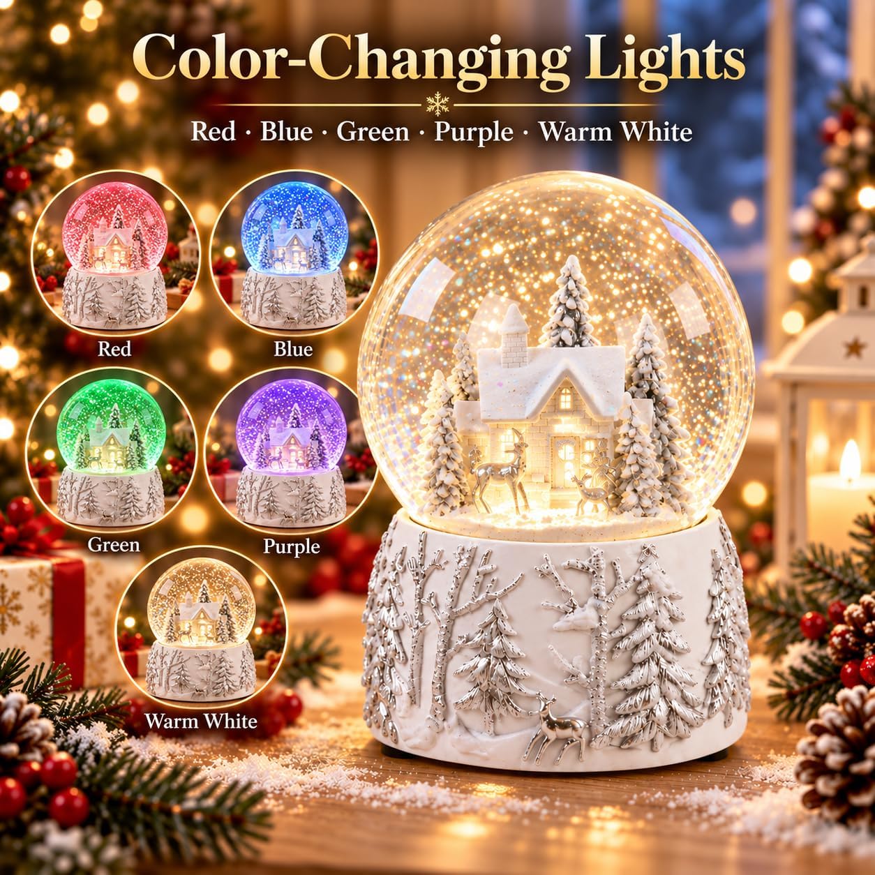 MUMTOP Christmas Snow Globe Music Box, Color Changing LED Snow Village