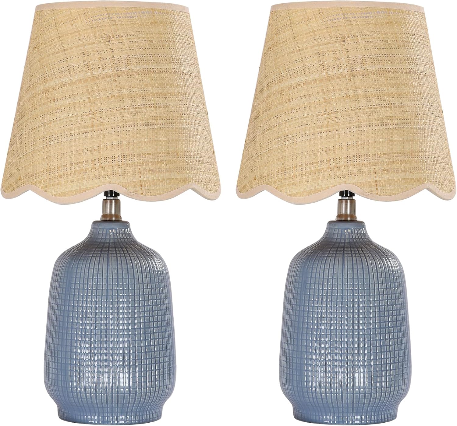 19" Boho Ceramic Table Lamp, 2 Pack Navy Blue Handmade Ceramic Base with Rattan Shade, Farmhouse Plug-in Bedside Nightstand Lamps for Bedroom, Living Room, E26 Socket (Bulbs Not Included)
