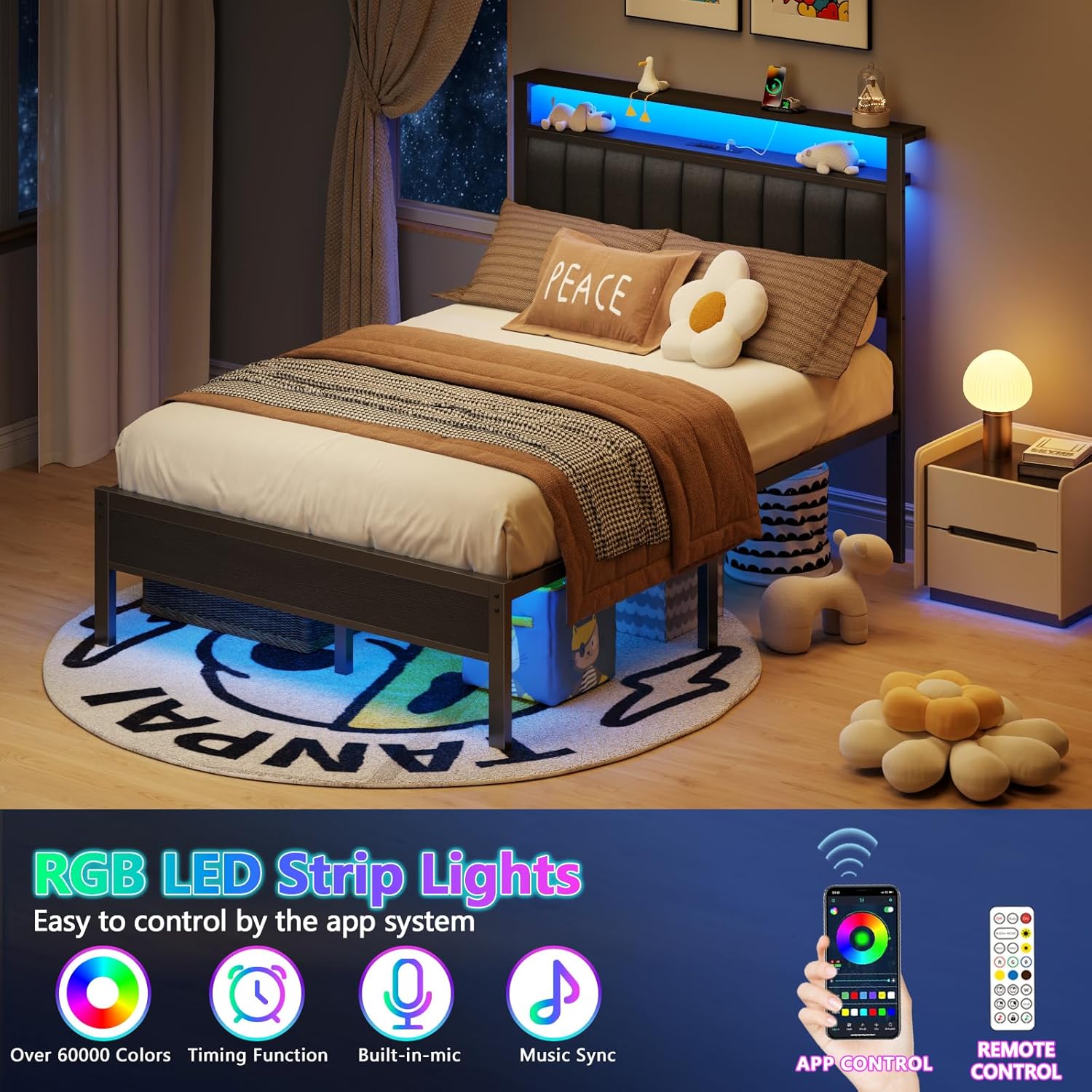 Furnulem Full Size Bed Frame with Charging Station and LED Lights, Platform Bed with Metal Slats, Grey Upholstered Headboard with 2-Tier Storage Shelves, No Box Spring Needed