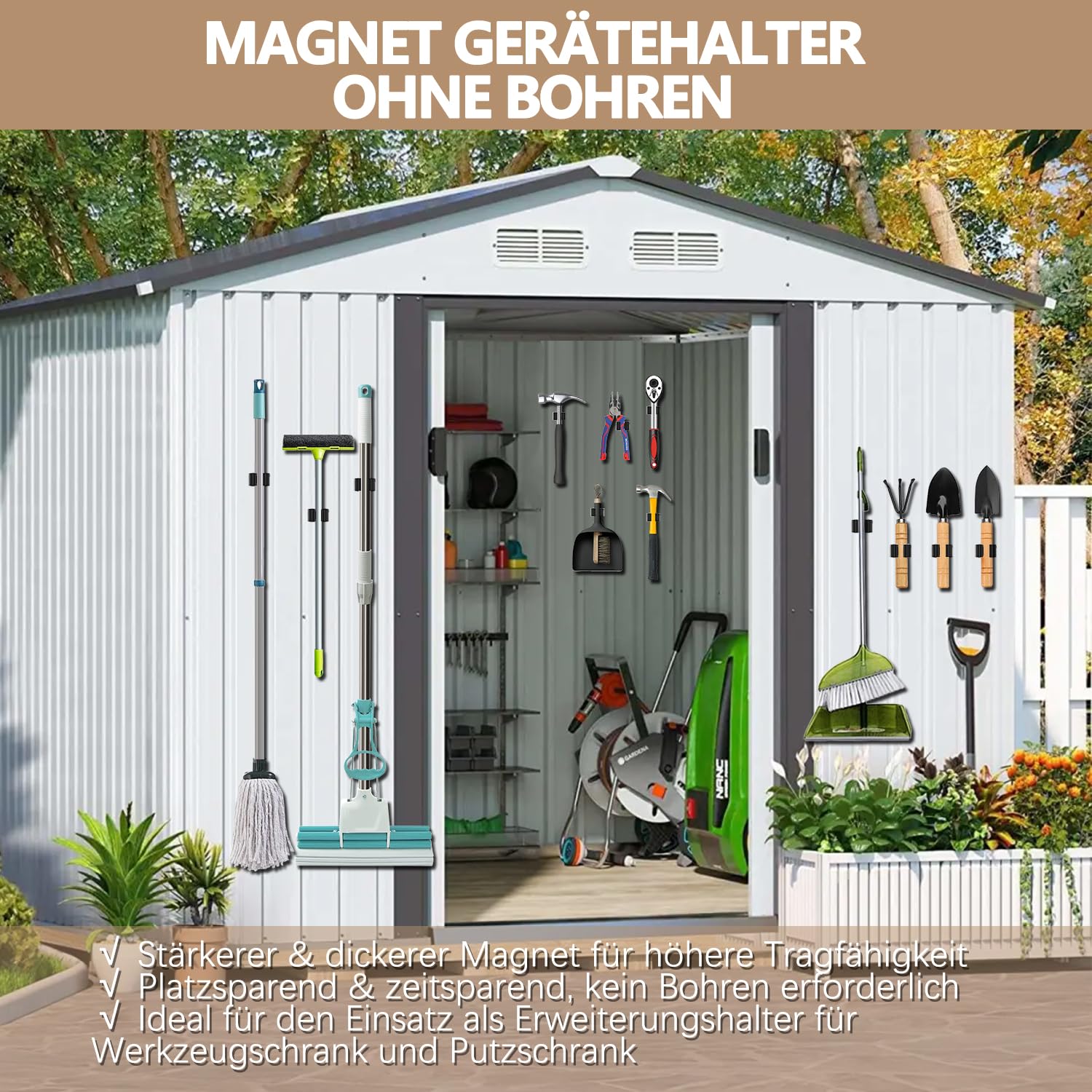 3-H 2 Stück Magnetischer Besenhalter, Edelstahl Gerätehalter Besenhalterung Wandaufhängung für Gartengeräte und Besen, mit 2X Magnetische Haken für Küche Badezimmer Garage Garten Zuhause, Silber
