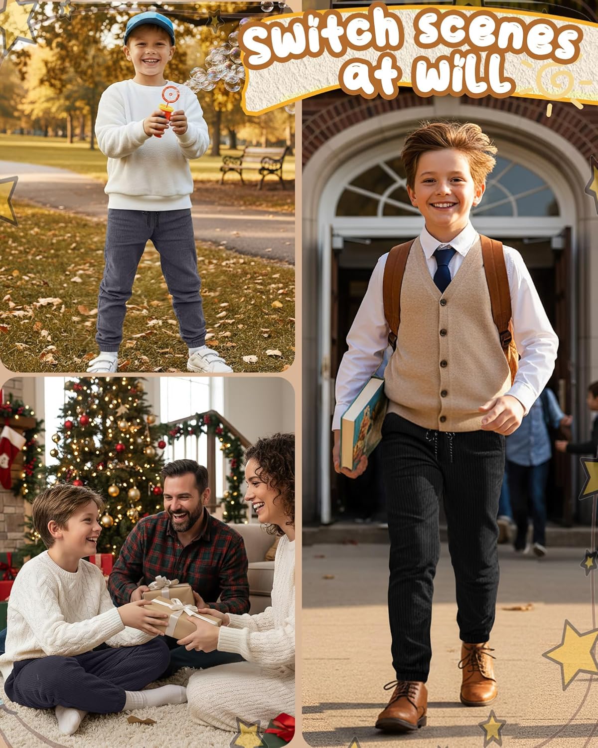 3 Pack Boys Joggers Kids Corduroy Sweatpants Casual Elastic Waist Drawstring Athletic Uniform Pants with Pockets(Dark Gray, Gray, Black,13-14 Years) - Image 2