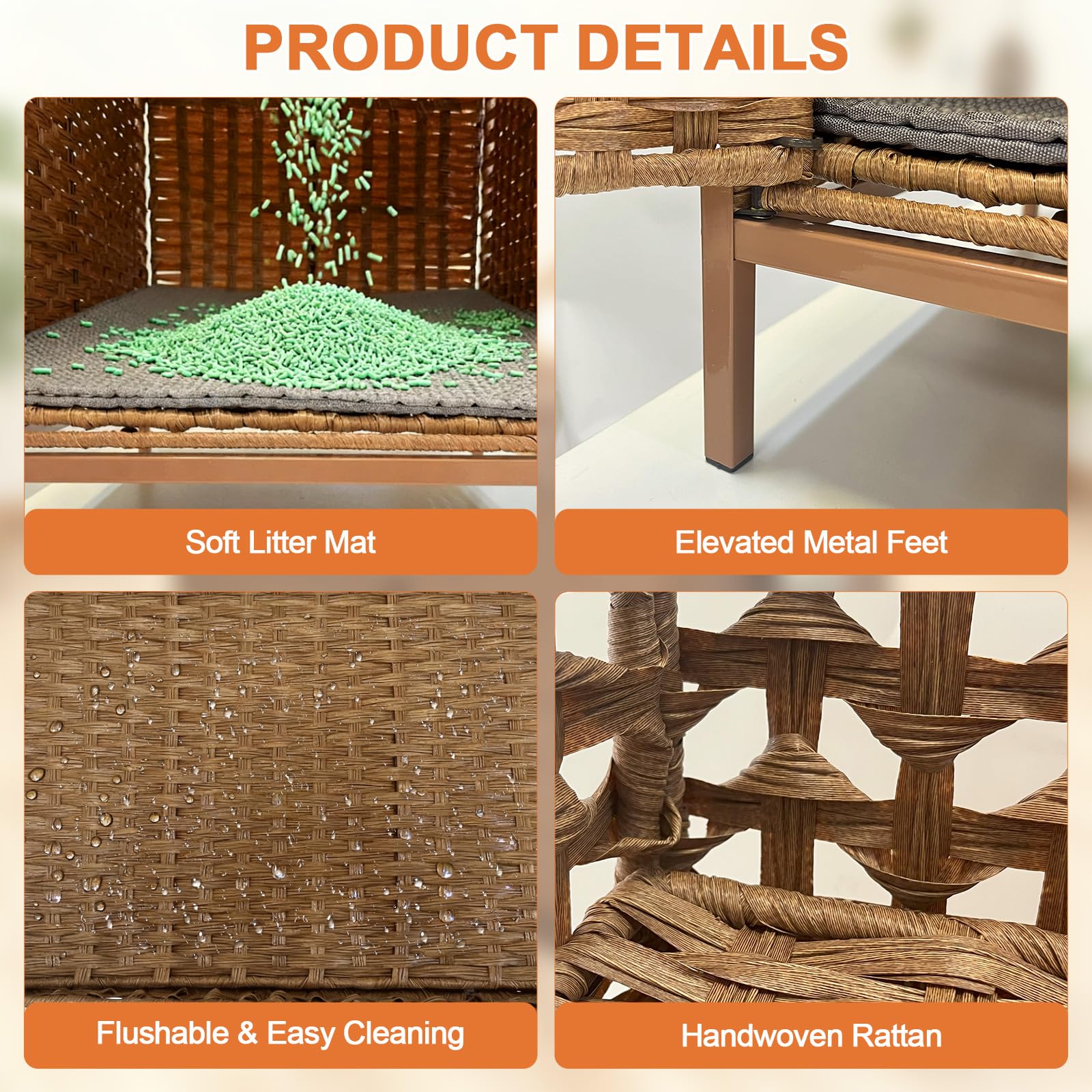 Homegroove Lettiera per gatti nascosta, con tappetino morbido e recinzione, comoda cuccia in rattan intrecciata a mano, con ganci a forma di S, per soggiorno, camera da letto (noce)