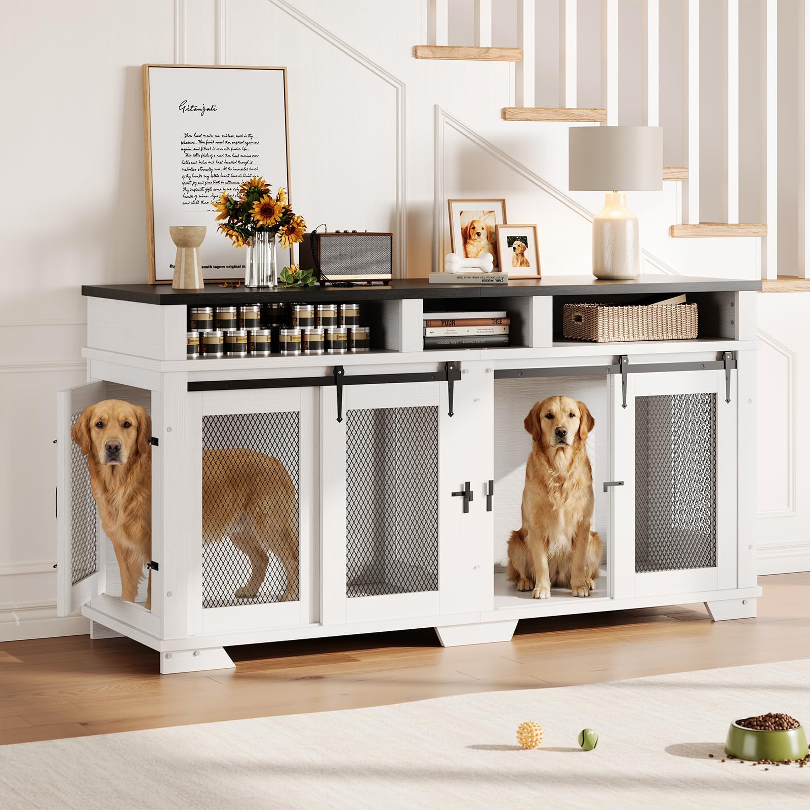 Photo 1 of *** MISSING HARDWARE***71'' Dog Crate Furniture for 2 Dogs, Extra Large Double Dog Kennel Indoor with Removable Divider and Storage Drawers, Heavy Duty Indoor Wooden Dog Crate TV Stand for Large Medium Dogs