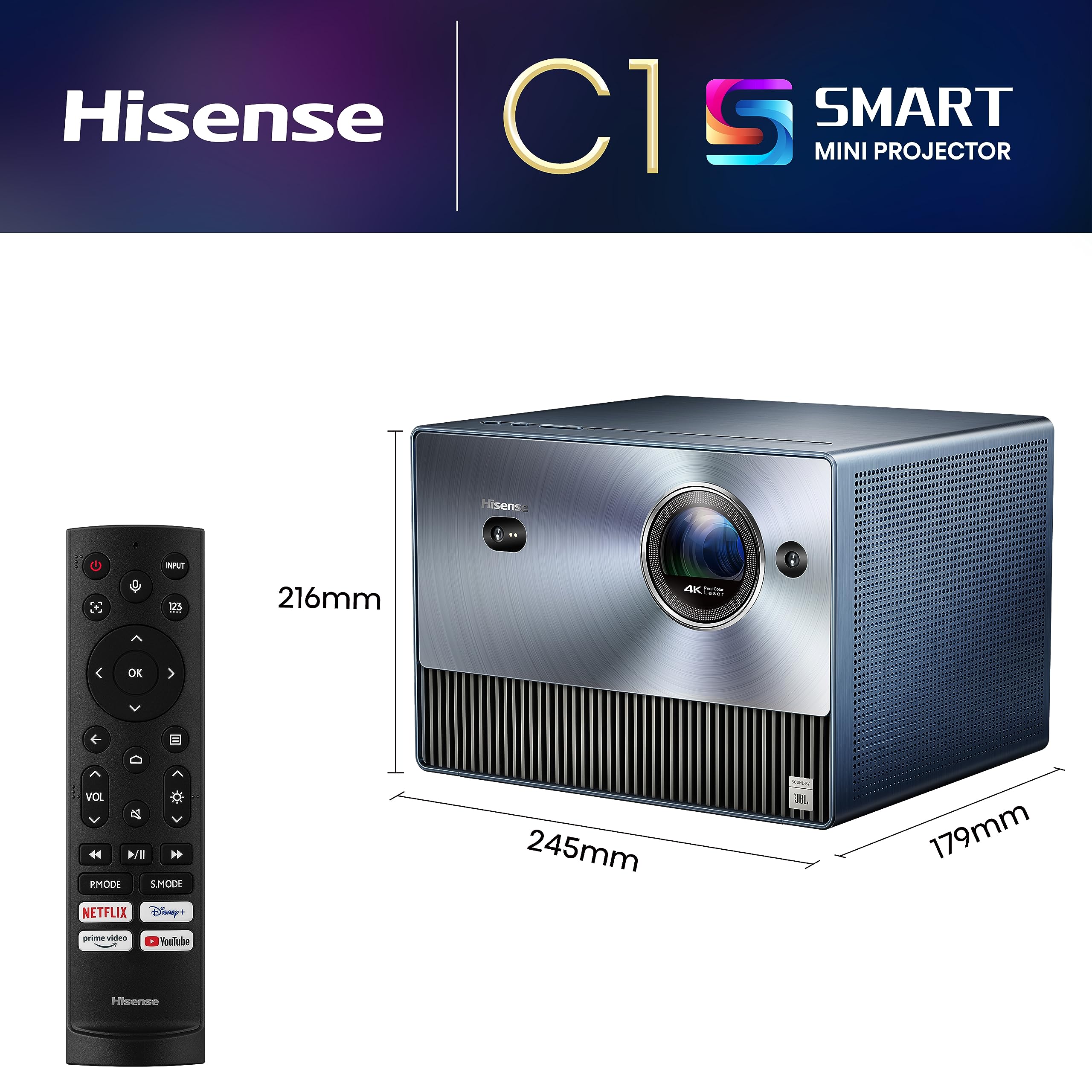 Hisense Laser TV proiettore C1, 60''-150'',Triplo Laser, 4K, HDR10, Smart TV VIDAA 6.0, 1600 lumen, Dolby Vision e Atmos,supporta Apple Airplay 2 & Home Kit, Alexa integrata
