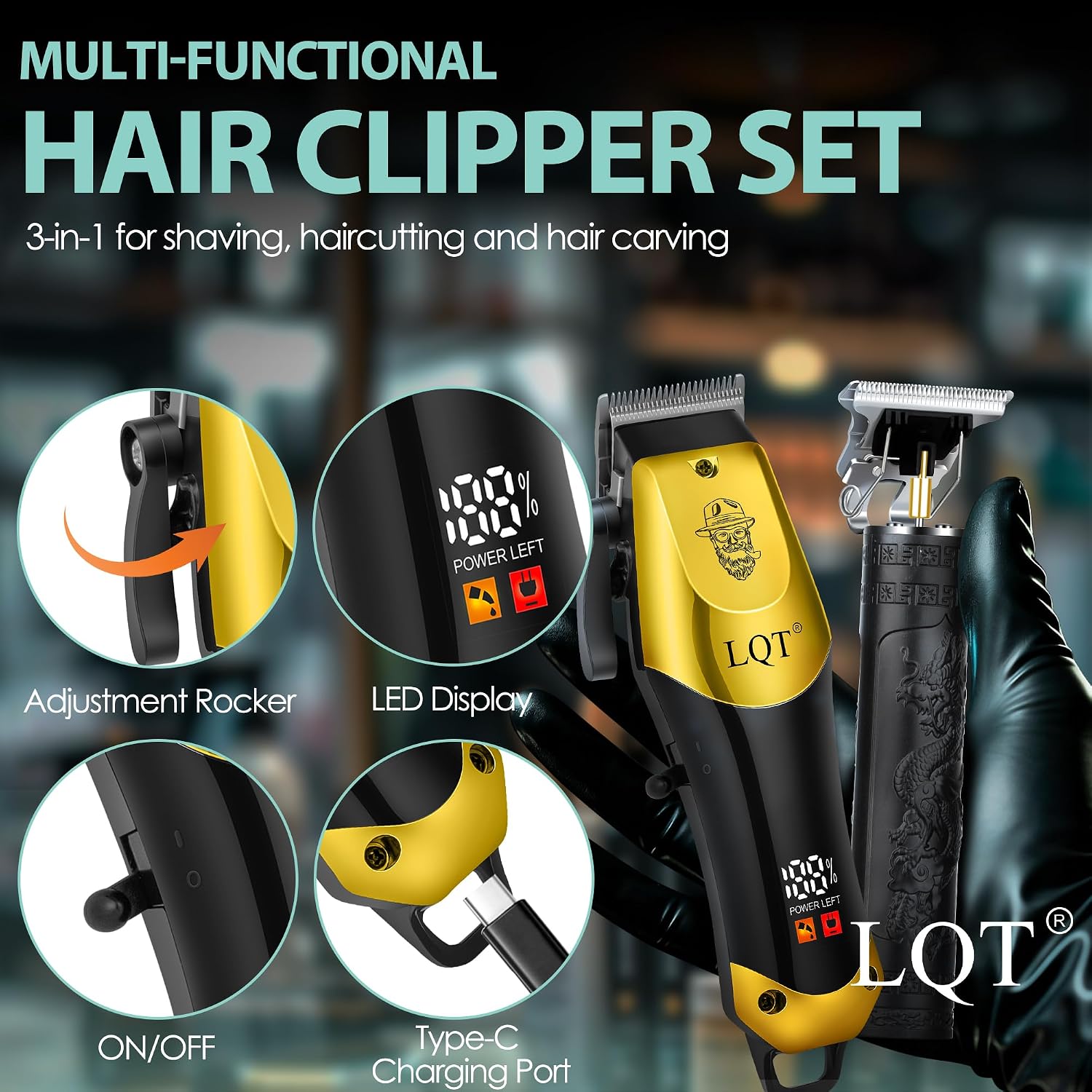 Men's Hair Clippers with LED Display & Detail Trimmer, 2-Piece Cordless Grooming Set, Professional Home Barber Equipment (Black Gold)