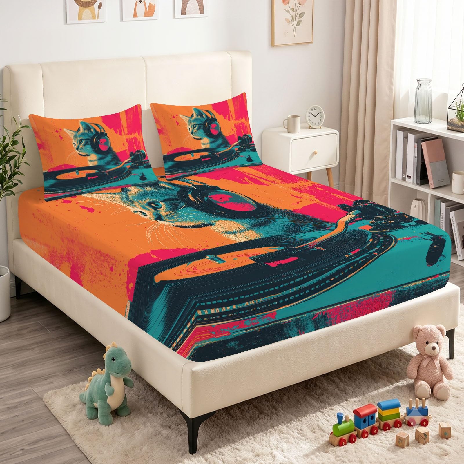 Juego de sábanas bajeras ajustables de 3 piezas, 140 x 200 cm, diseño de gato musical, de microfibra, color naranja, suave y agradable a la piel, transpirable, hipoalergénica, colchones de hasta 30 cm
