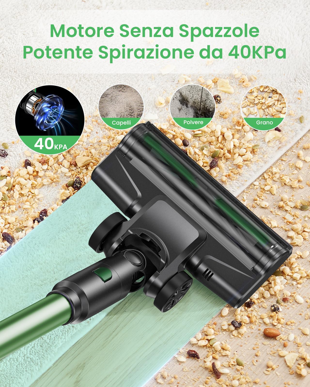 40KPa Aspirapolvere Senza Fili Potente,Scopa Elettrica Senza Fili Potente 50minuti e display a LED,Scope elettriche,Aspirapolvere Portatile,Aspirapolvere per Pavimenti/Tappeti/Peli Animali,Verde