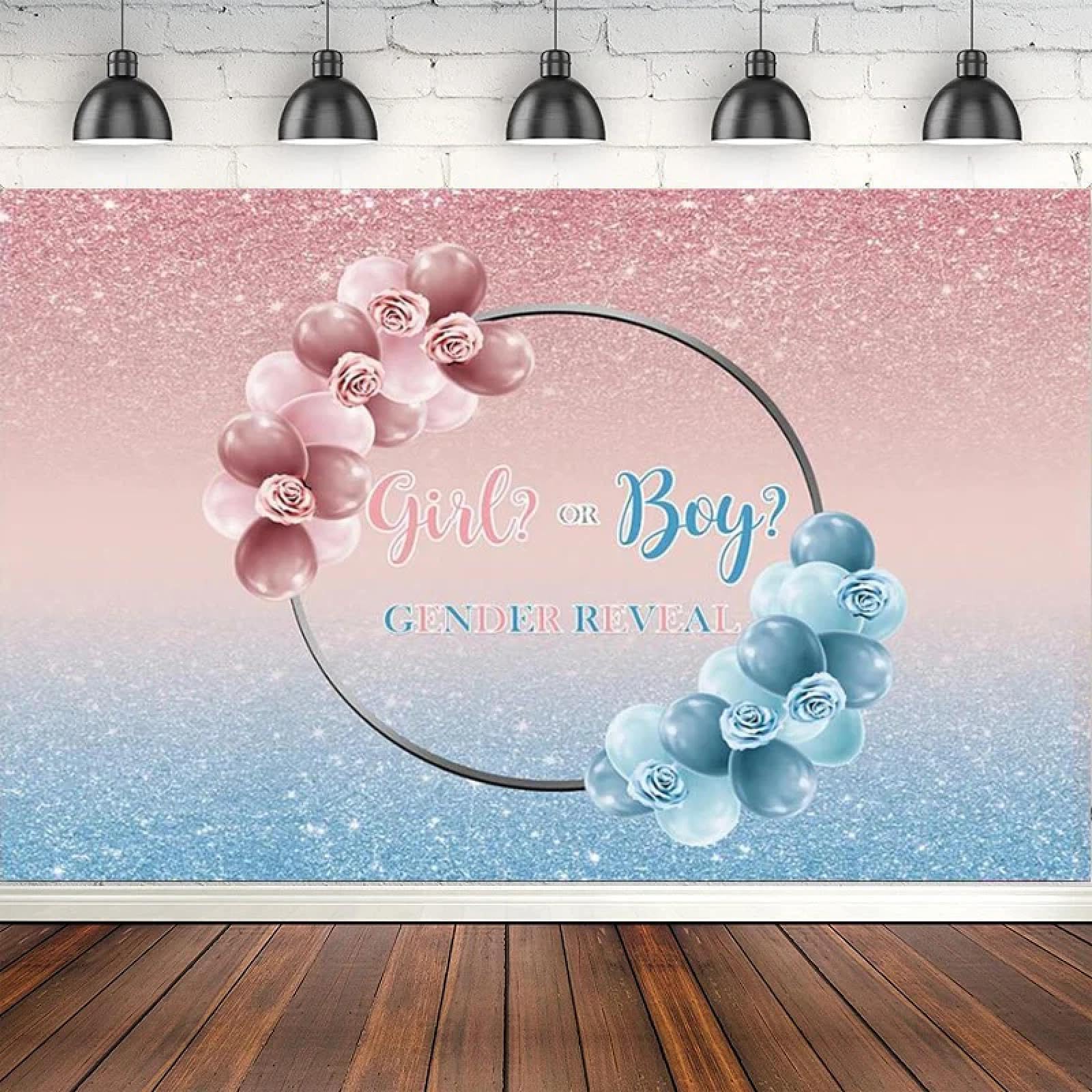 Dziewczyna lub chłopiec ujawnia płeć tło fotograficzne i niebieski baby shower impreza dekoracja baner balony brokat błyszczące tło