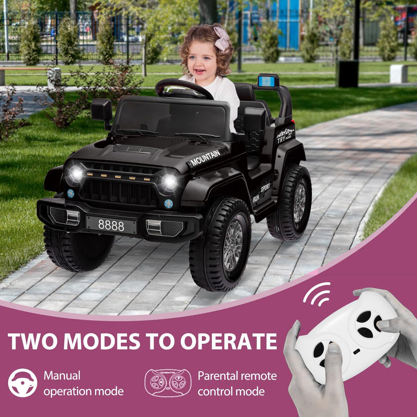 12V Kinder Elektroauto mit Fernbedienung – 2x35W Motoren, bis 5 km/h, LED-Lichter, Musik, Hupe, Federung, Sicherheitsgurt – Elektrisches Kinderfahrzeug Geschenk – Schwarz