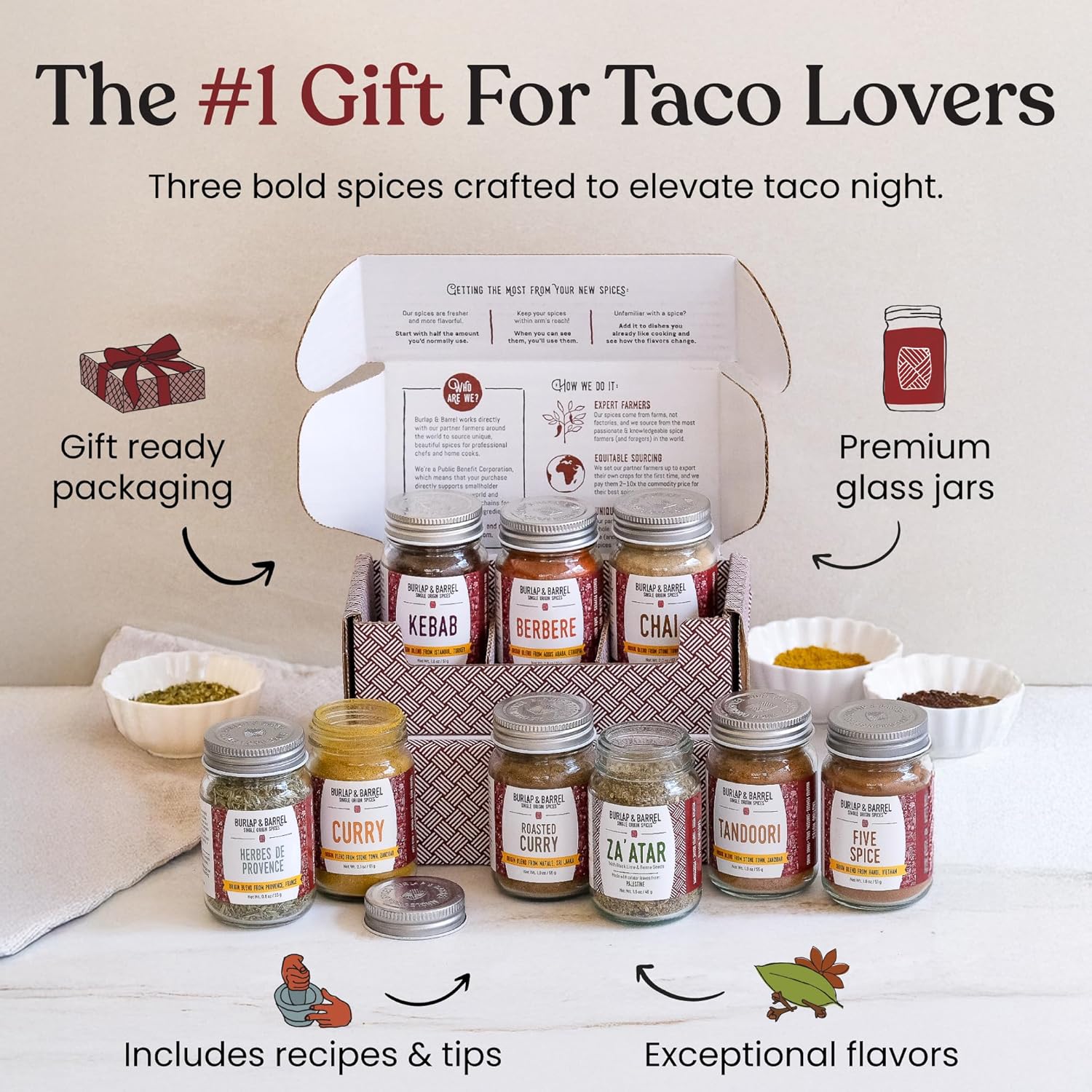 Burlap & Barrel Taco Seasoning Single Origin Spice Set - Wild Mountain Cumin, Sun-Dried Tomato, Ground Black Lime - As seen on Shark Tank - 3 Full Size in a Gift Box