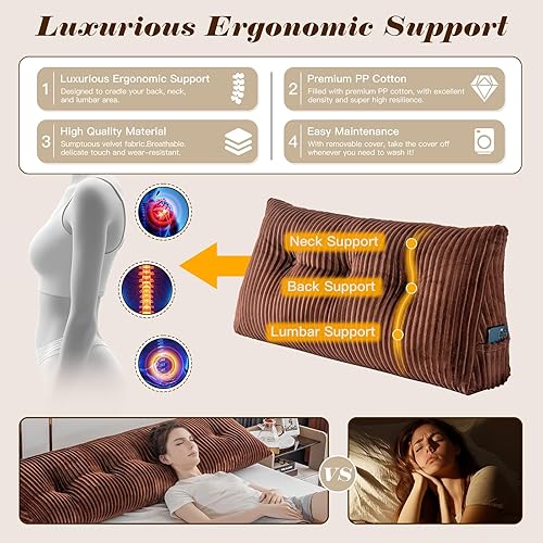 Miniatura 4 de Almohada de lectura con cabecera triangular grande con funda extraíble (marrón, individual 39 x 8 x 20 pulgadas)